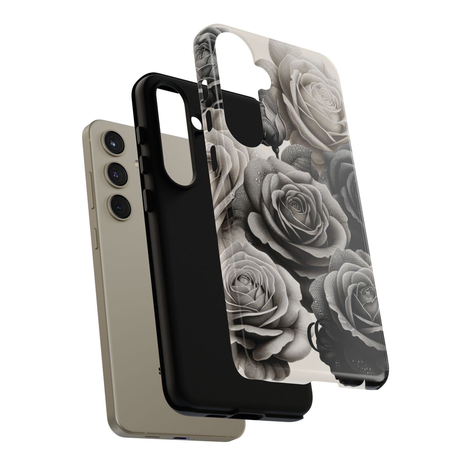 Elegant Floral Phone Case | Tough Cases with Black and White Roses | Stylish Gift for Her, Samsung Case, Vintage Design