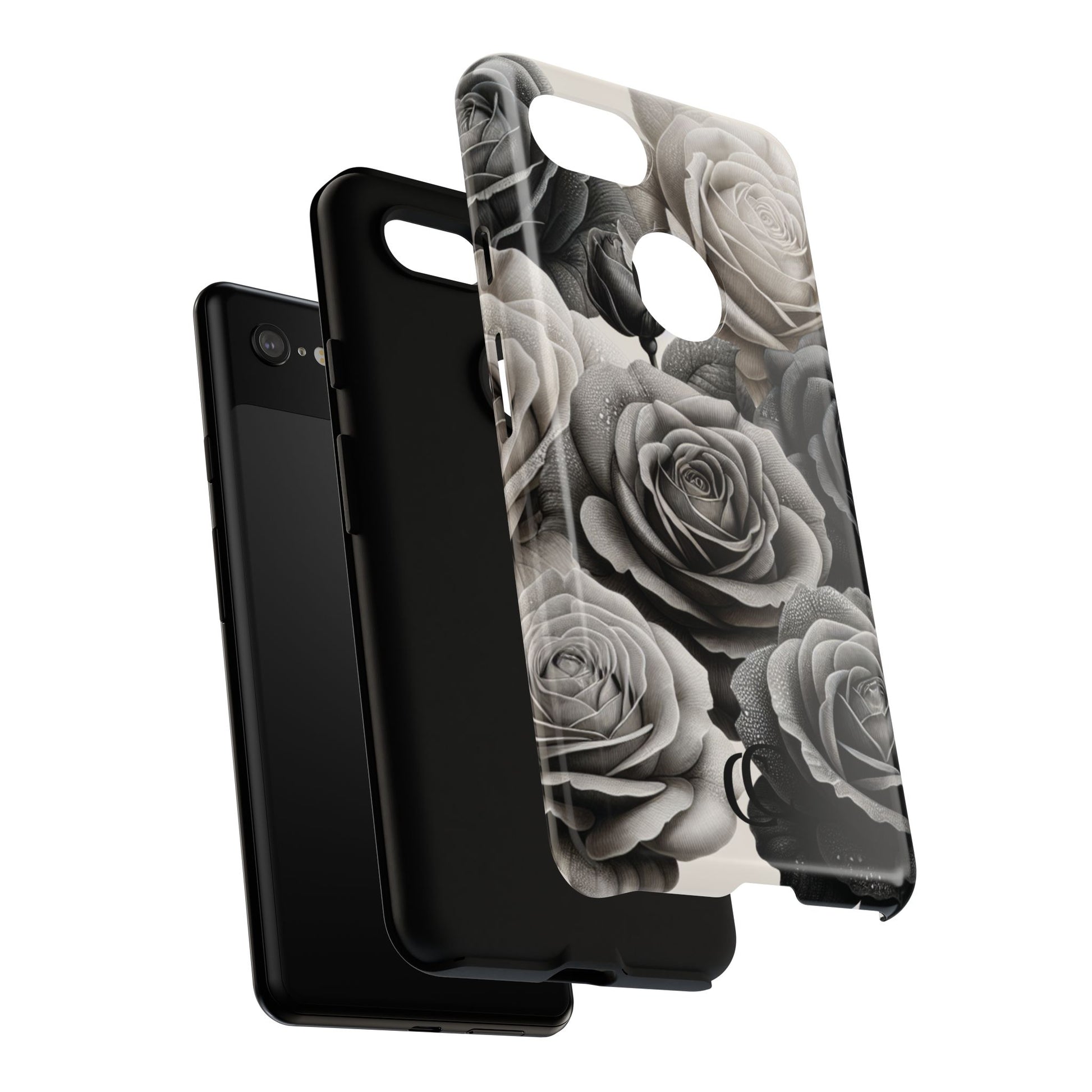 Elegant Floral Phone Case | Tough Cases with Black and White Roses | Stylish Gift for Her, Google Pixel Case, Vintage Design