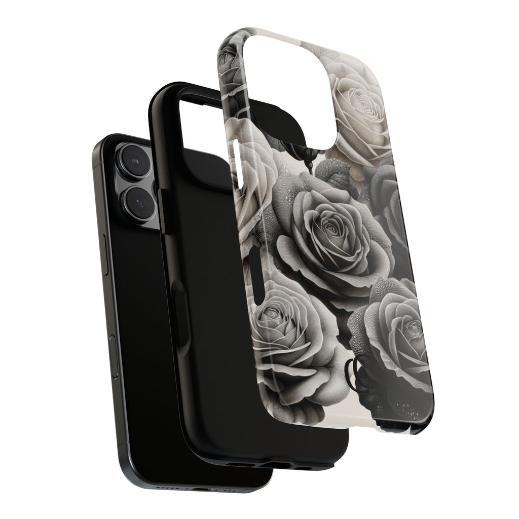 Elegant Floral Phone Case | Tough Cases with Black and White Roses | Stylish Gift for Her, iPhone Cover, Vintage Design