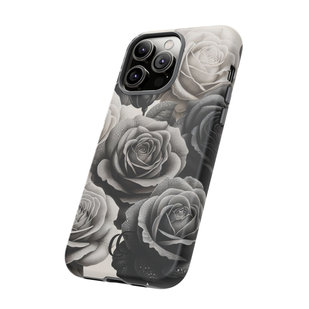 Elegant Floral Phone Case | Tough Cases with Black and White Roses | Stylish Gift for Her, iPhone Cover, Vintage Design