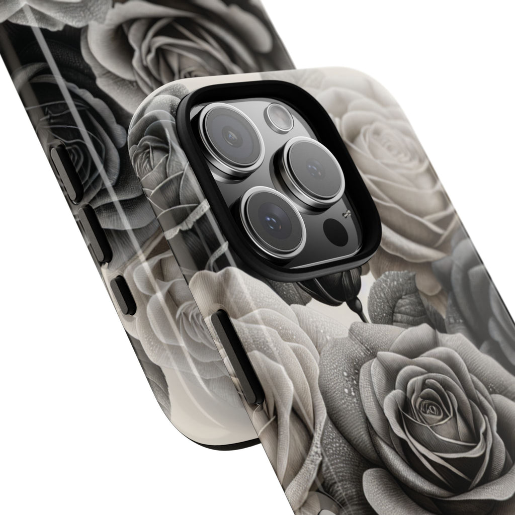 Elegant Floral Phone Case | Tough Cases with Black and White Roses | Stylish Gift for Her, iPhone Cover, Vintage Design