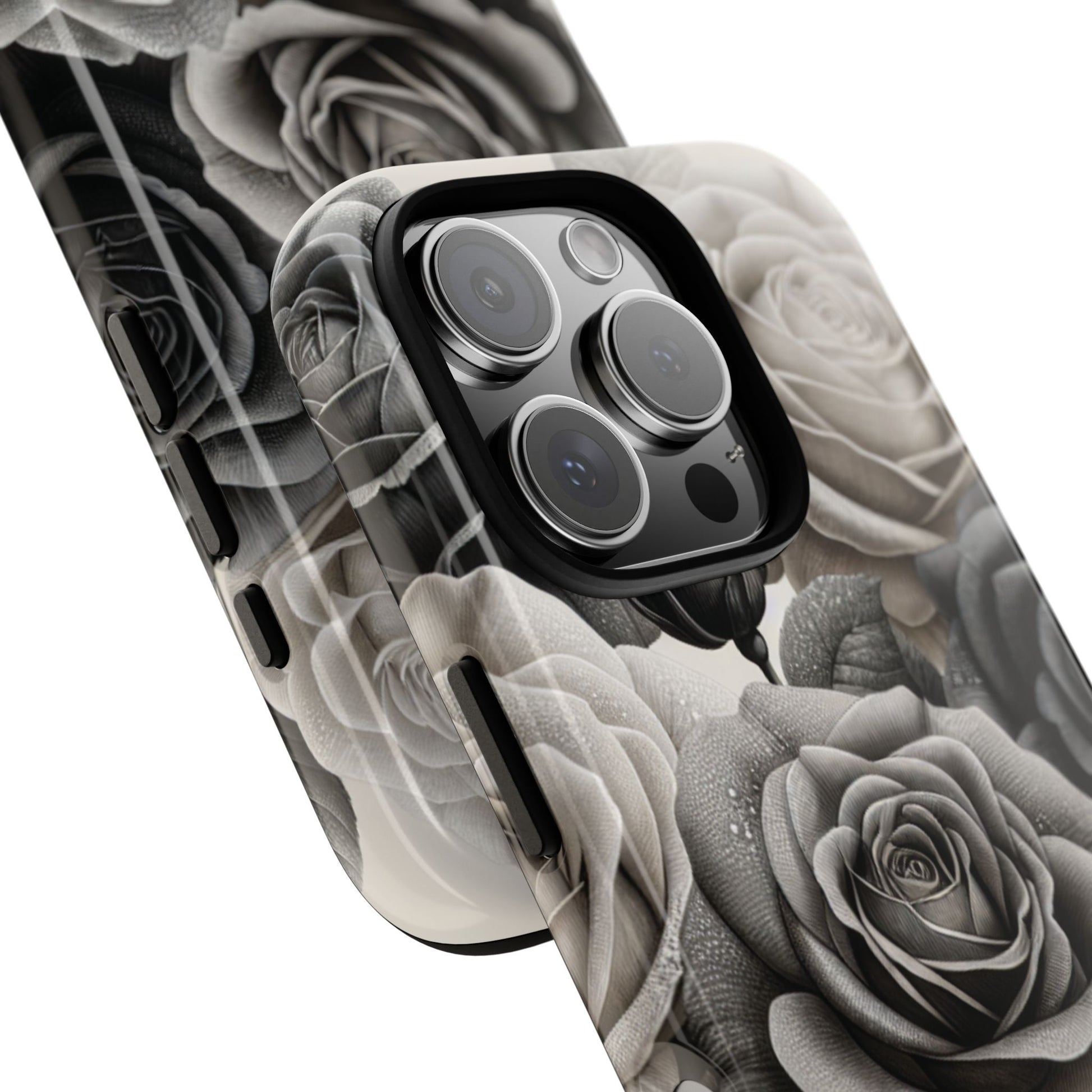 Elegant Floral Phone Case | Tough Cases with Black and White Roses | Stylish Gift for Her, iPhone Cover, Vintage Design
