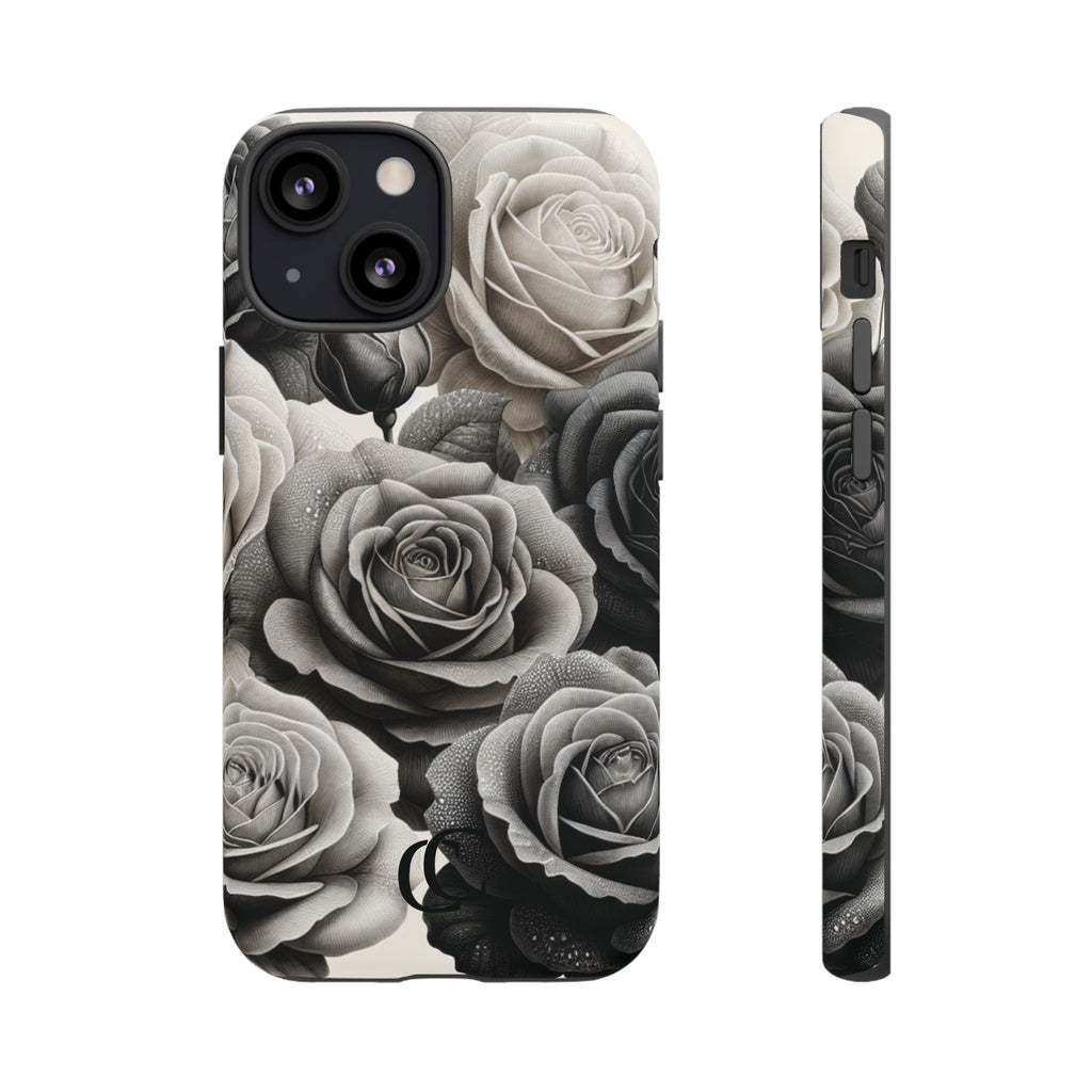 Elegant Floral Phone Case | Tough Cases with Black and White Roses | Stylish Gift for Her, iPhone Cover, Vintage Design