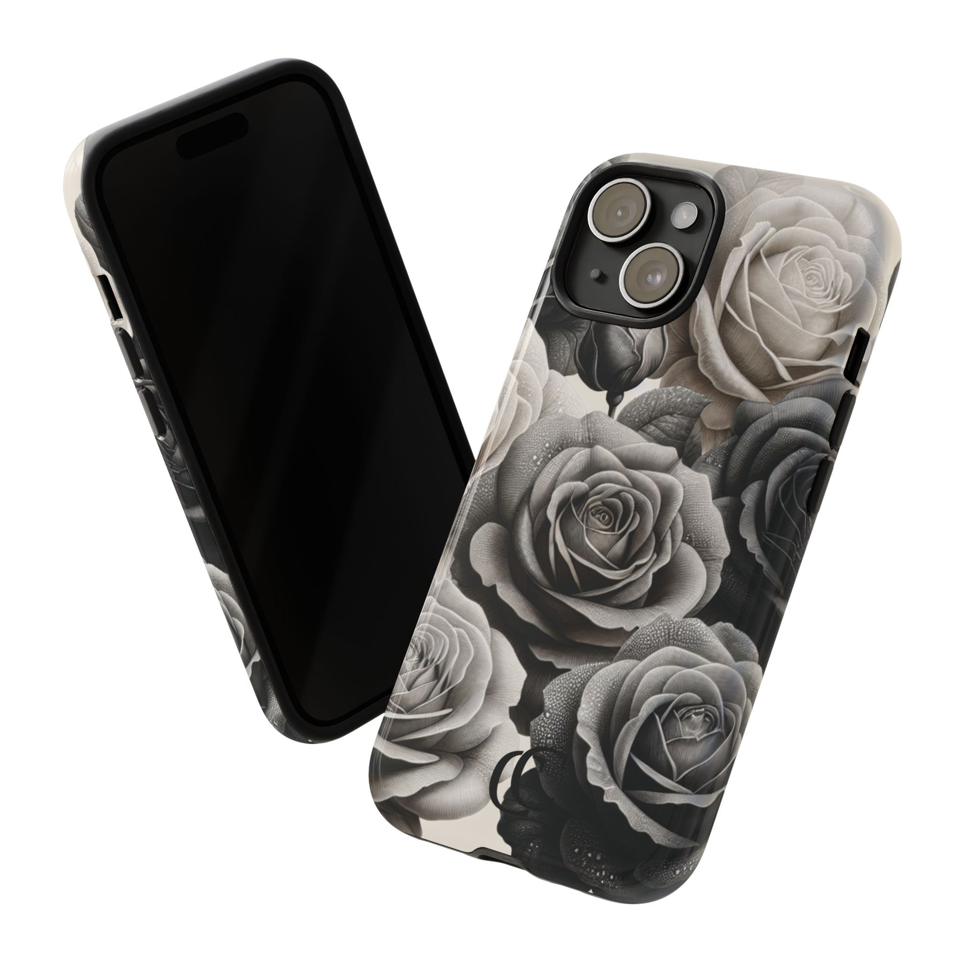 Elegant Floral Phone Case | Tough Cases with Black and White Roses | Stylish Gift for Her, iPhone Cover, Vintage Design