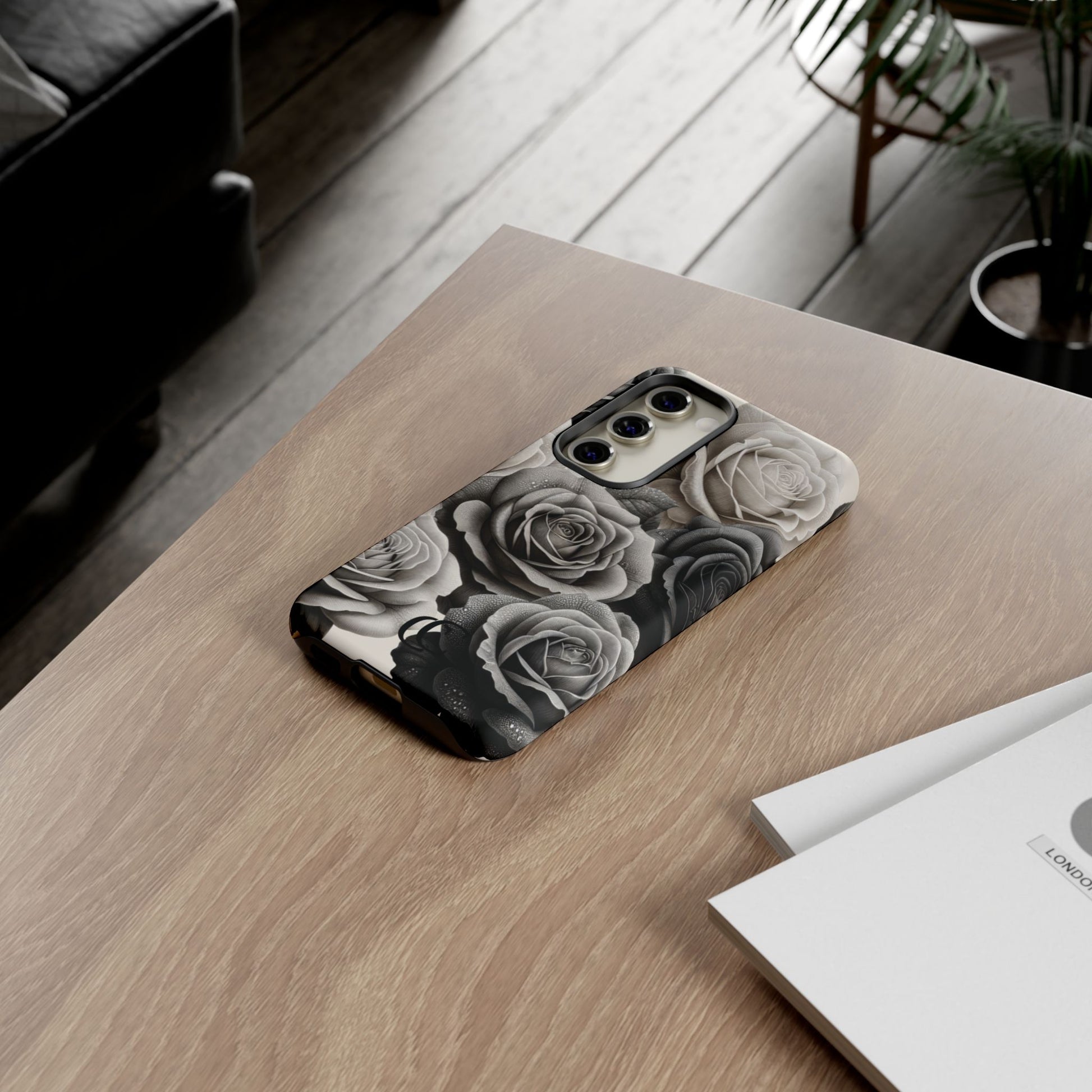 Elegant Floral Phone Case | Tough Cases with Black and White Roses | Stylish Gift for Her, Samsung Case, Vintage Design