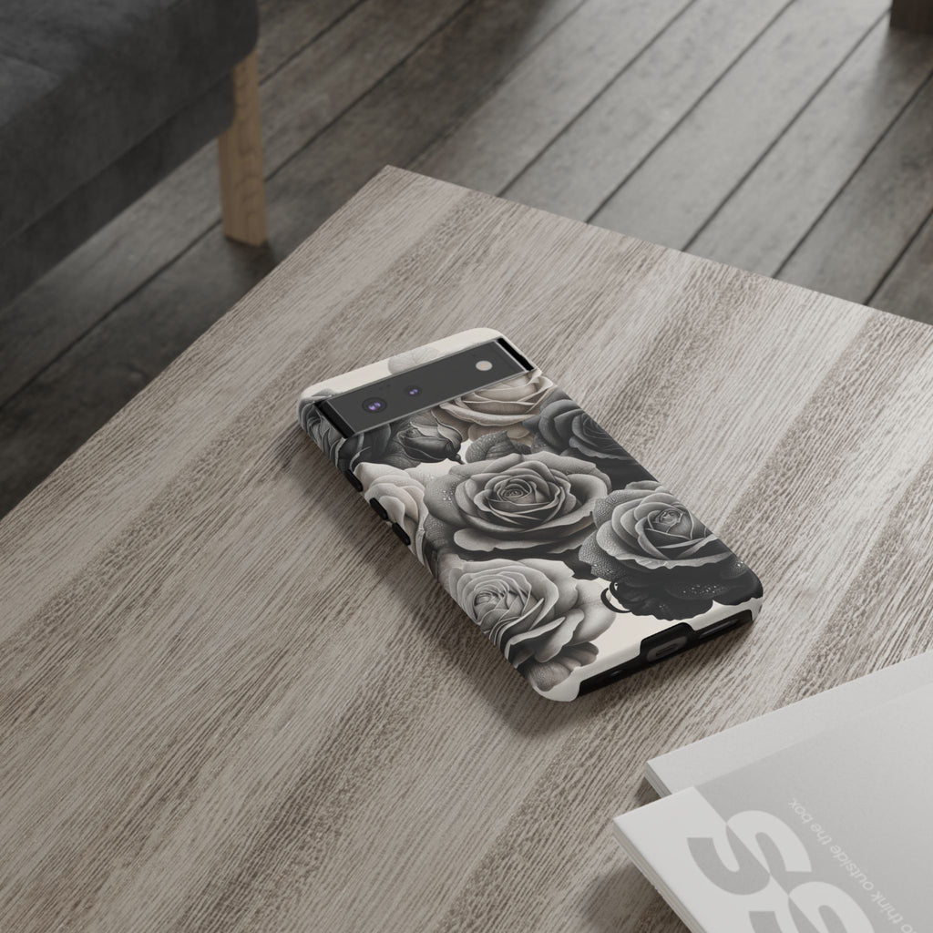 Elegant Floral Phone Case | Tough Cases with Black and White Roses | Stylish Gift for Her, Google Pixel Case, Vintage Design