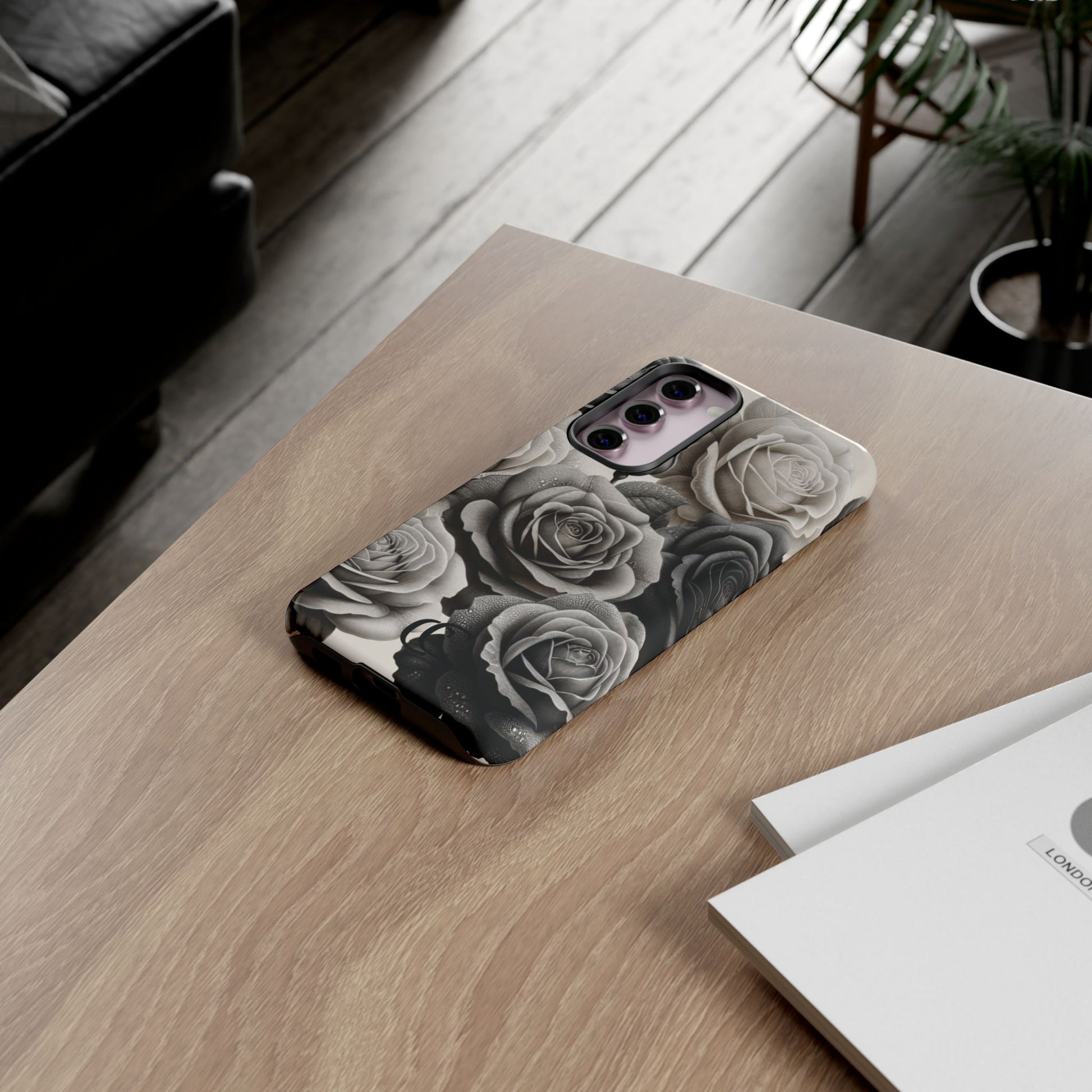 Elegant Floral Phone Case | Tough Cases with Black and White Roses | Stylish Gift for Her, Samsung Case, Vintage Design