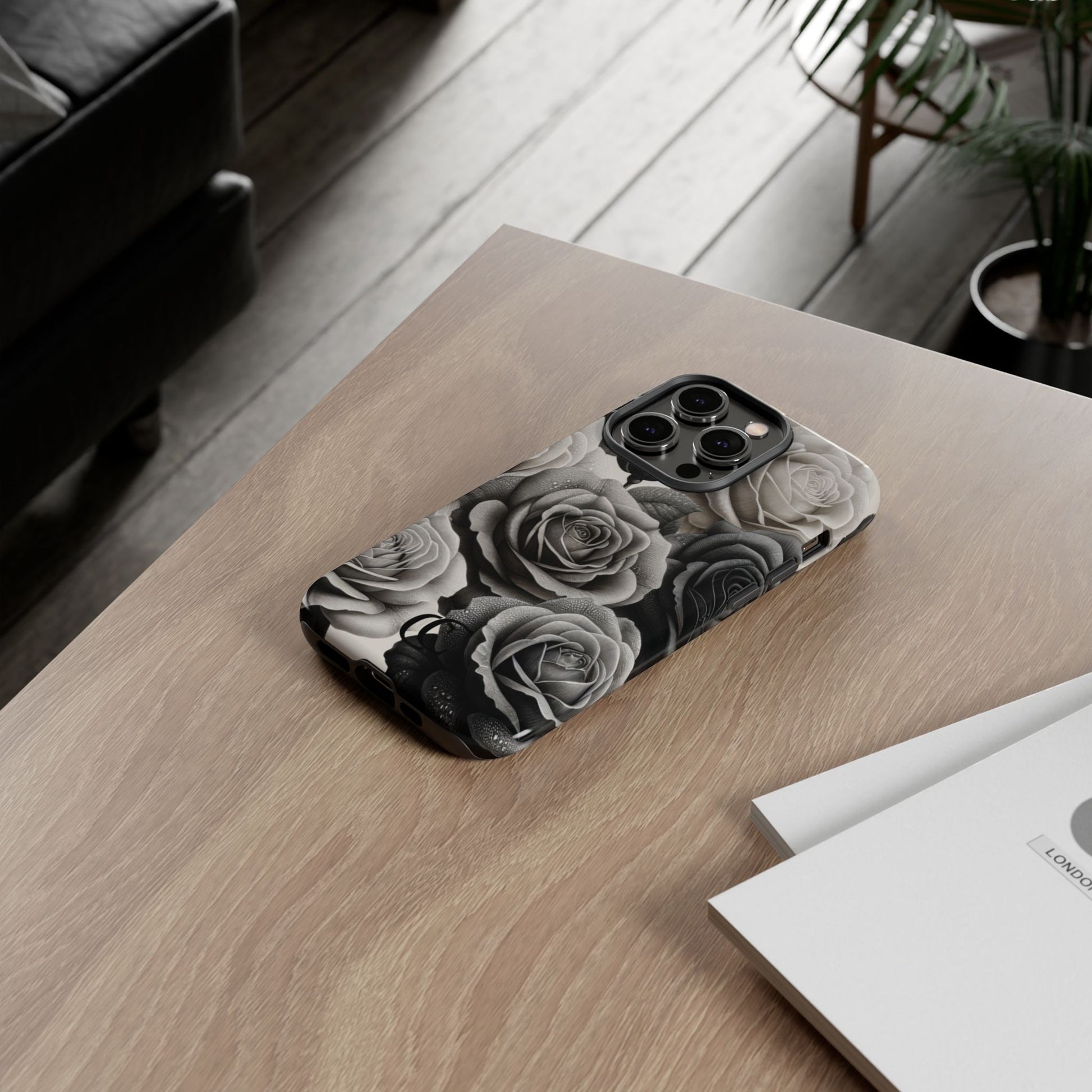Elegant Floral Phone Case | Tough Cases with Black and White Roses | Stylish Gift for Her, iPhone Cover, Vintage Design
