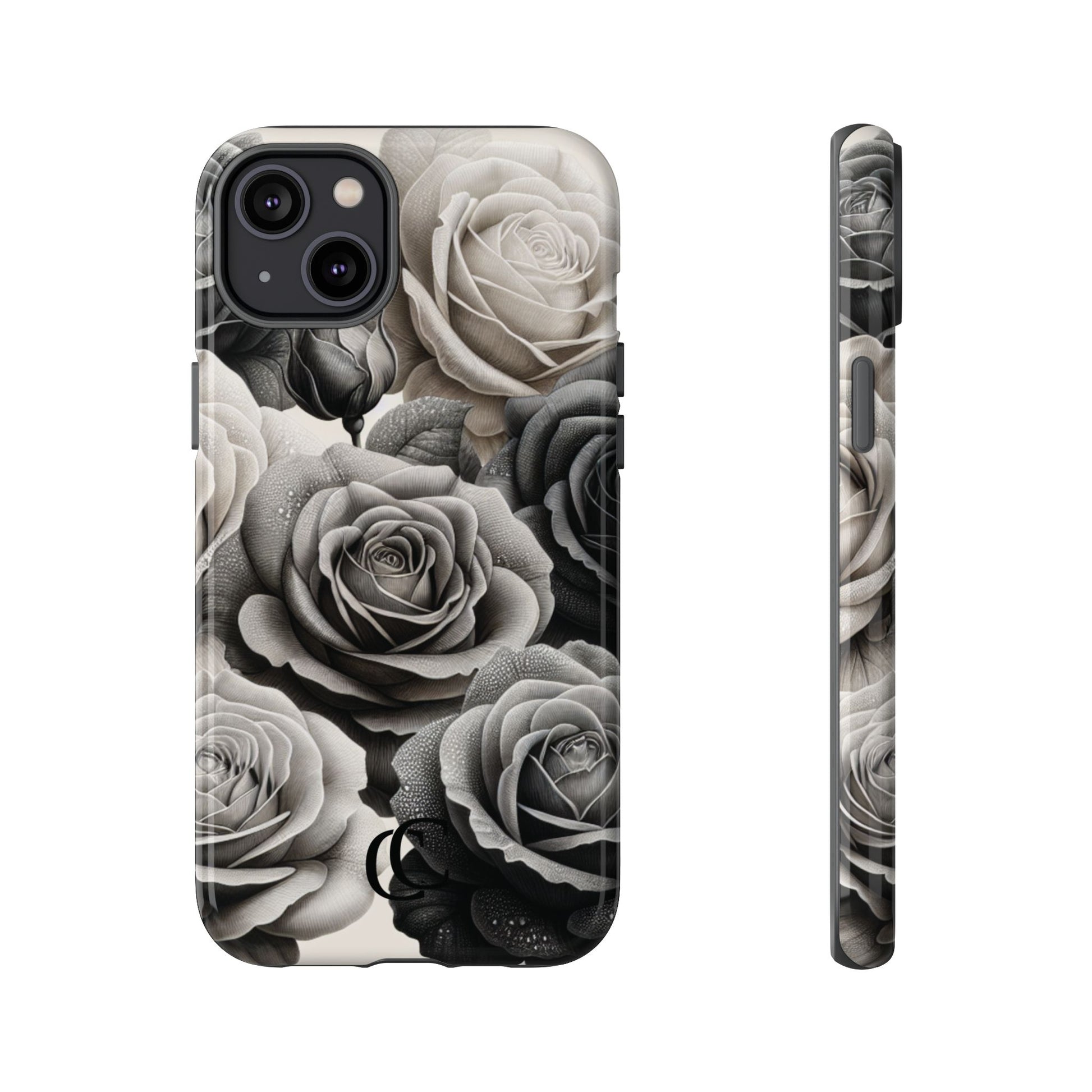 Elegant Floral Phone Case | Tough Cases with Black and White Roses | Stylish Gift for Her, iPhone Cover, Vintage Design