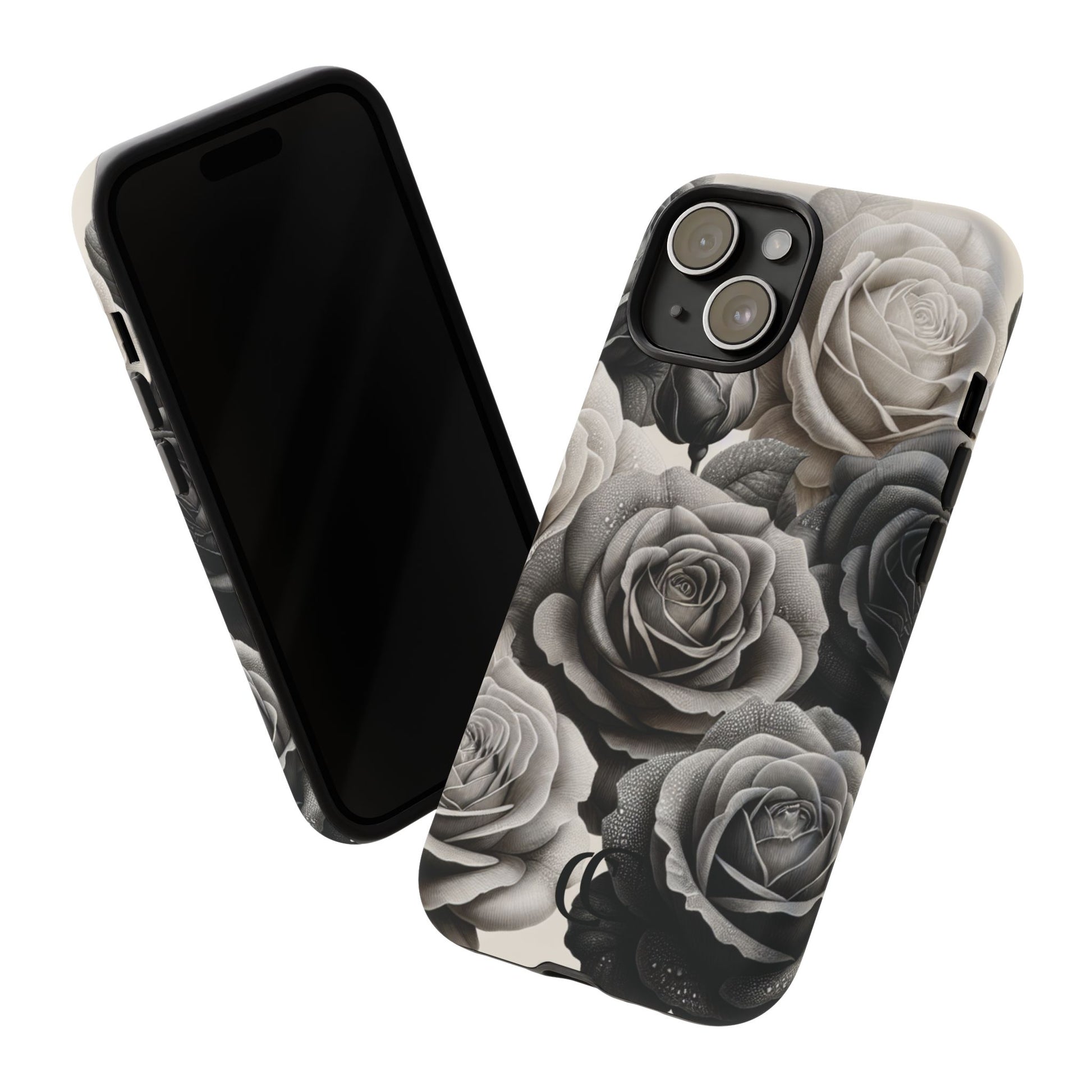 Elegant Floral Phone Case | Tough Cases with Black and White Roses | Stylish Gift for Her, iPhone Cover, Vintage Design