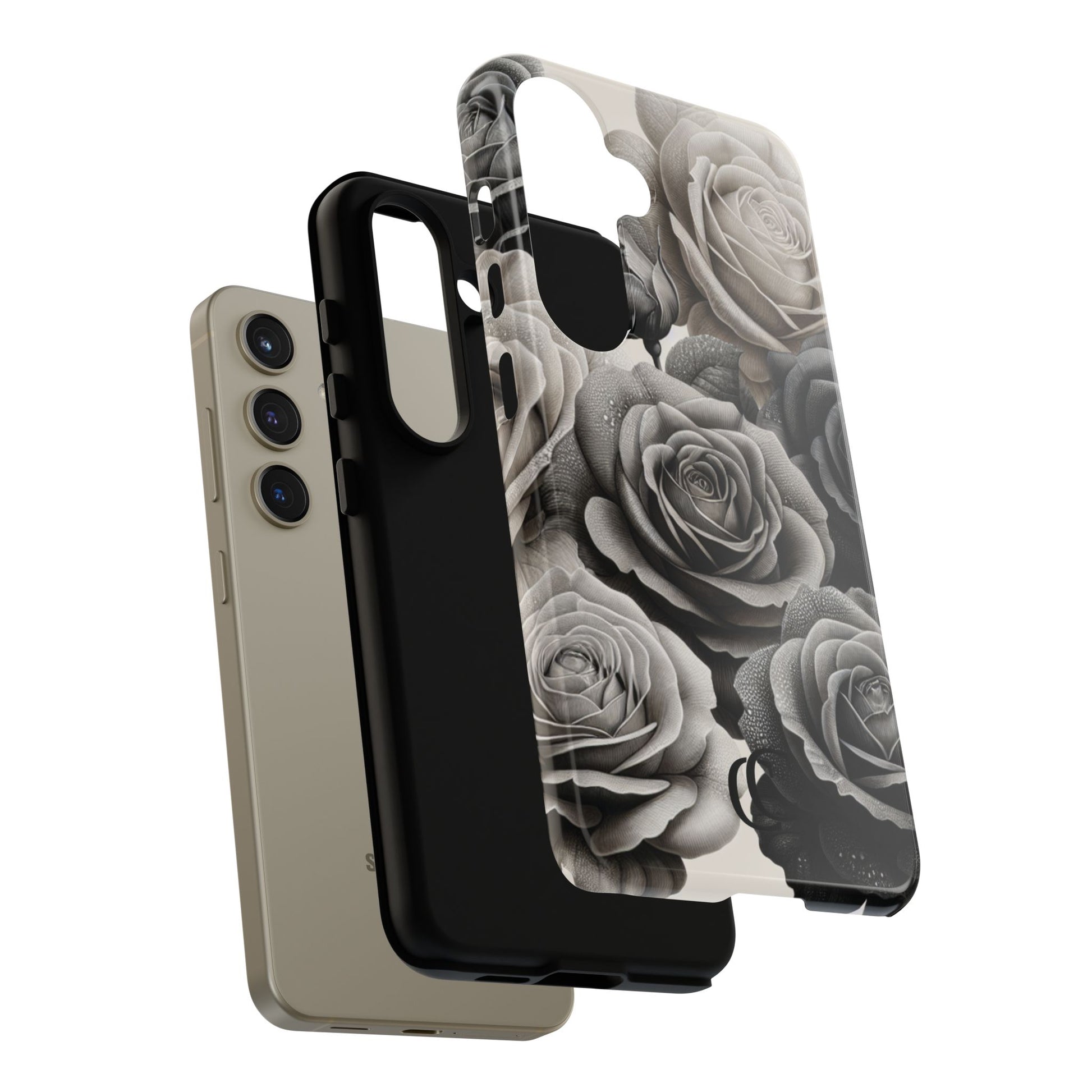 Elegant Floral Phone Case | Tough Cases with Black and White Roses | Stylish Gift for Her, Samsung Case, Vintage Design