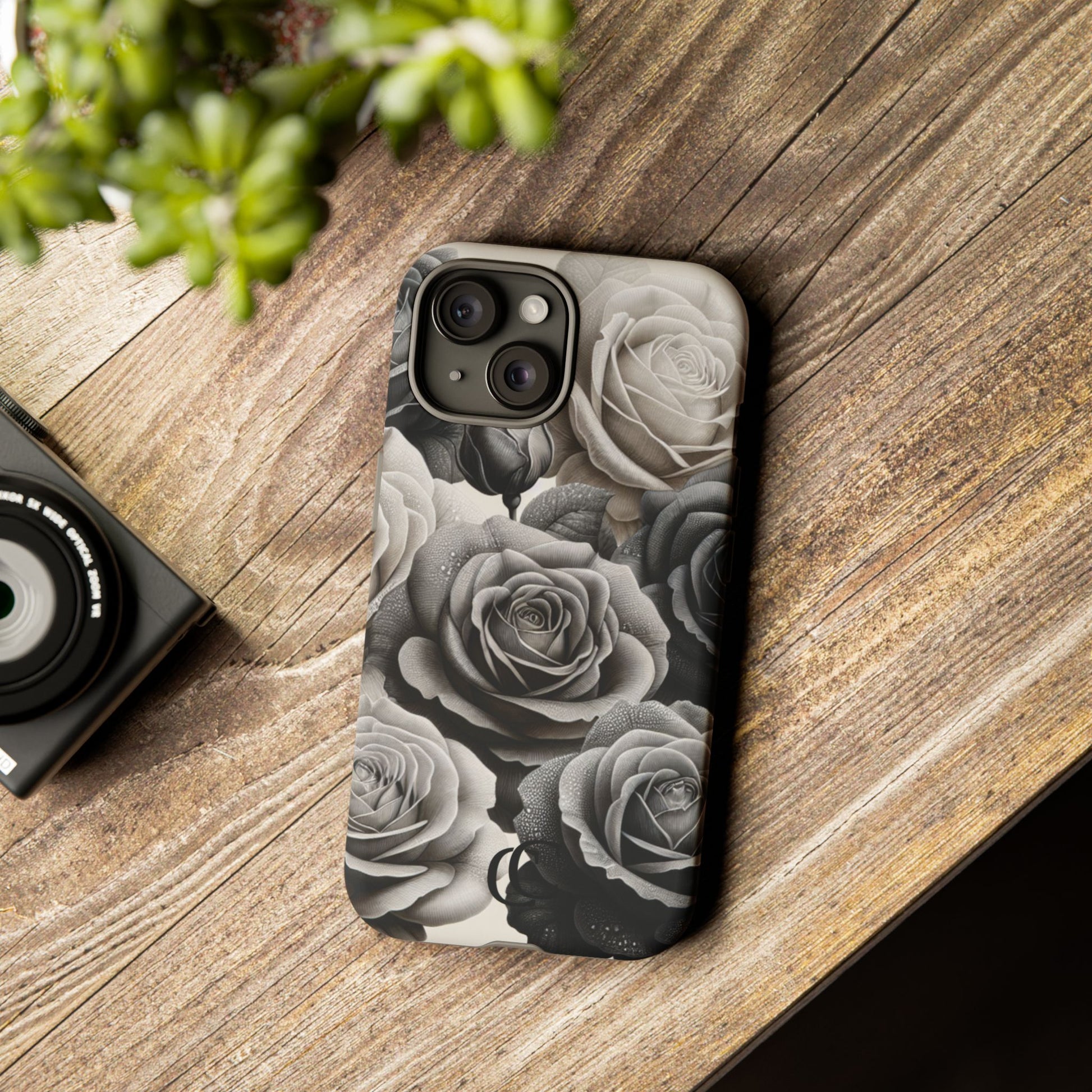 Elegant Floral Phone Case | Tough Cases with Black and White Roses | Stylish Gift for Her, iPhone Cover, Vintage Design