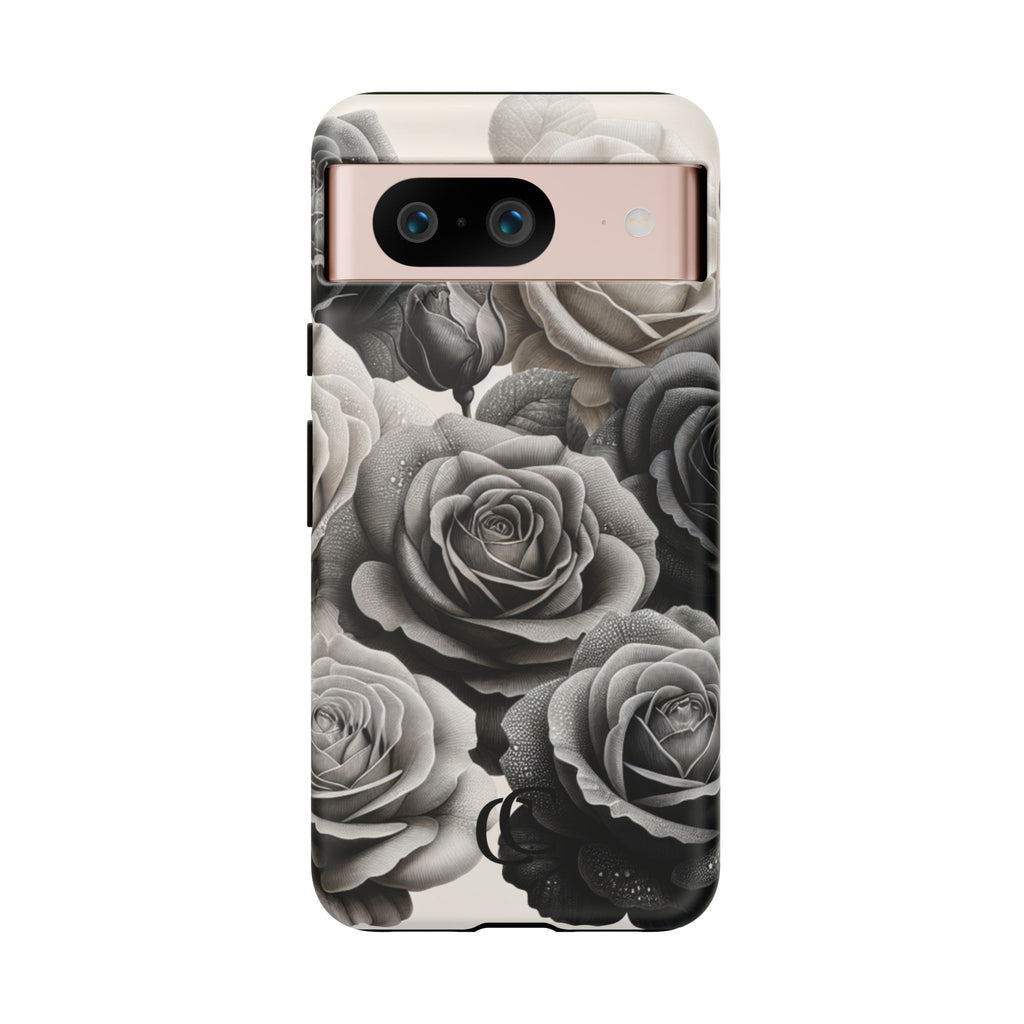 Elegant Floral Phone Case | Tough Cases with Black and White Roses | Stylish Gift for Her, Google Pixel Case, Vintage Design