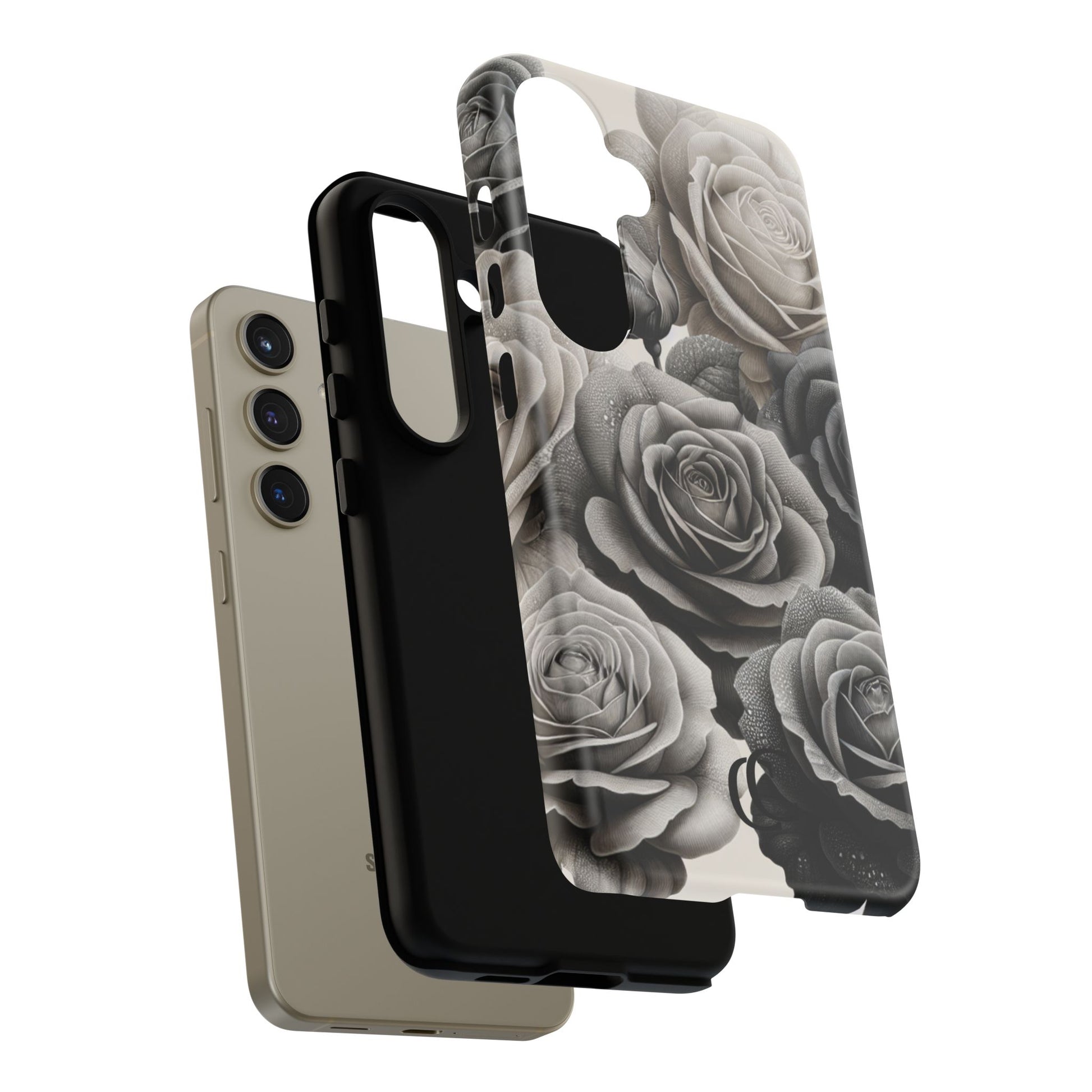 Elegant Floral Phone Case | Tough Cases with Black and White Roses | Stylish Gift for Her, Samsung Case, Vintage Design