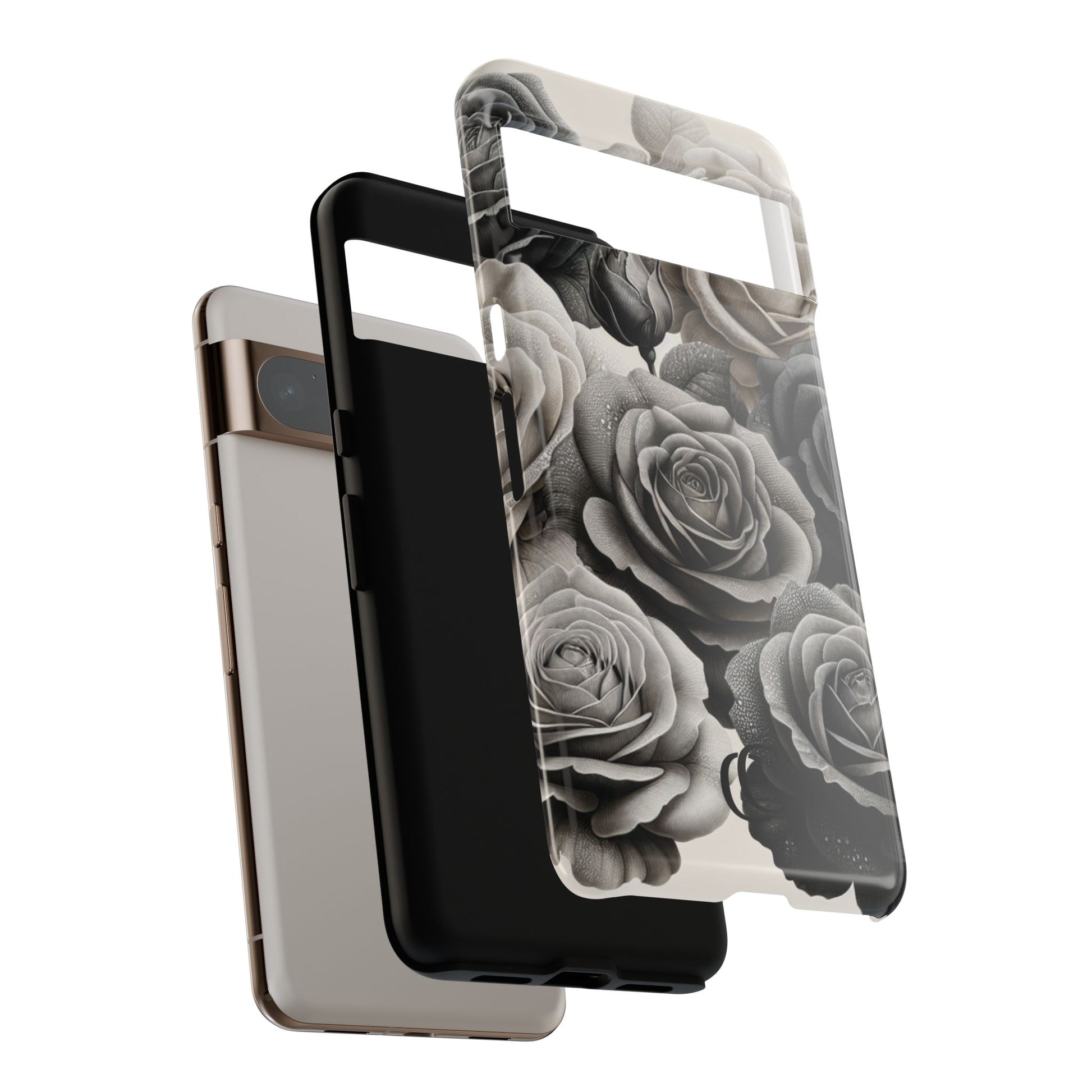Elegant Floral Phone Case | Tough Cases with Black and White Roses | Stylish Gift for Her, Google Pixel Case, Vintage Design