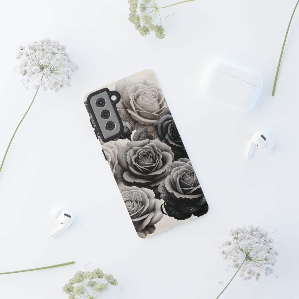 Elegant Floral Phone Case | Tough Cases with Black and White Roses | Stylish Gift for Her, Samsung Case, Vintage Design