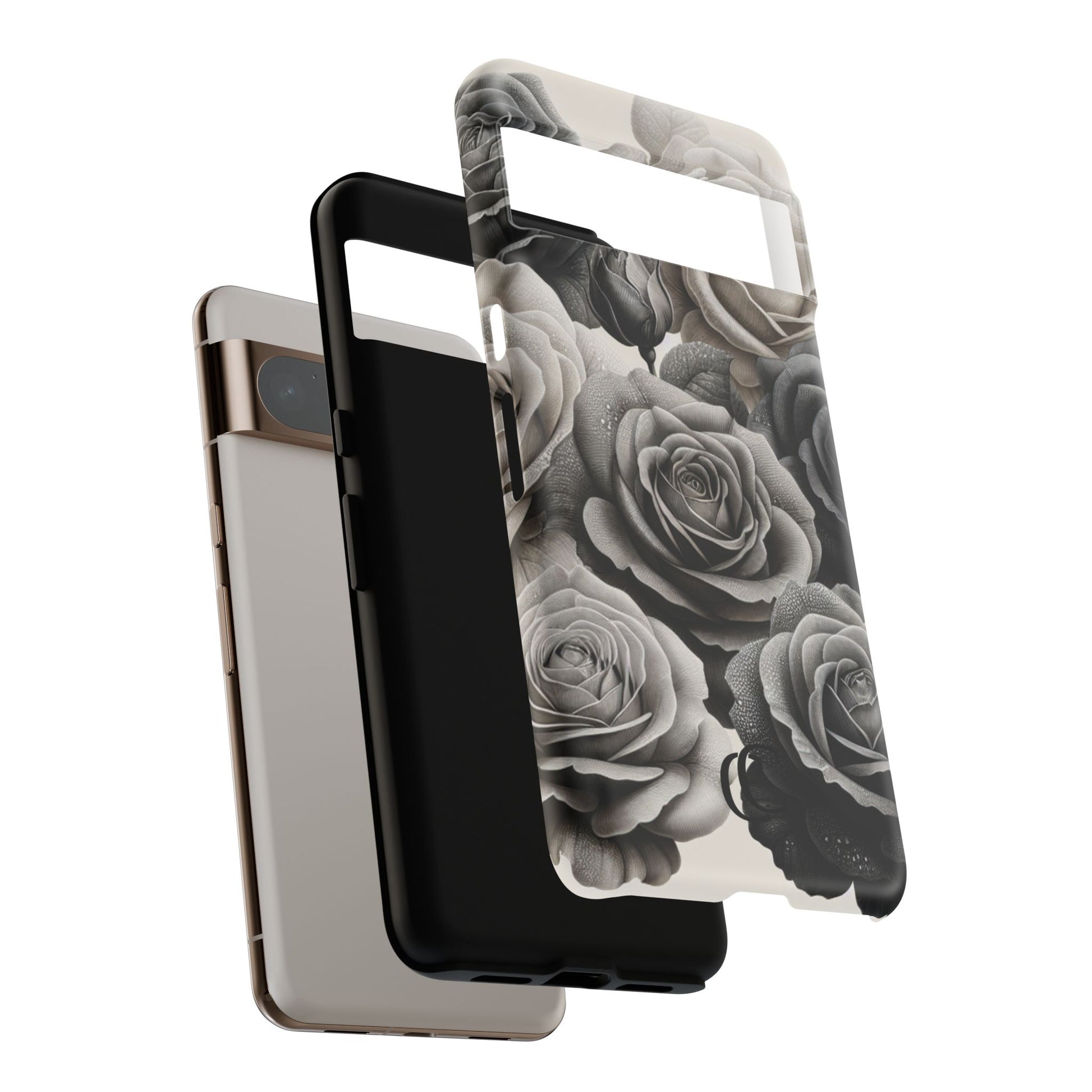 Elegant Floral Phone Case | Tough Cases with Black and White Roses | Stylish Gift for Her, Google Pixel Case, Vintage Design