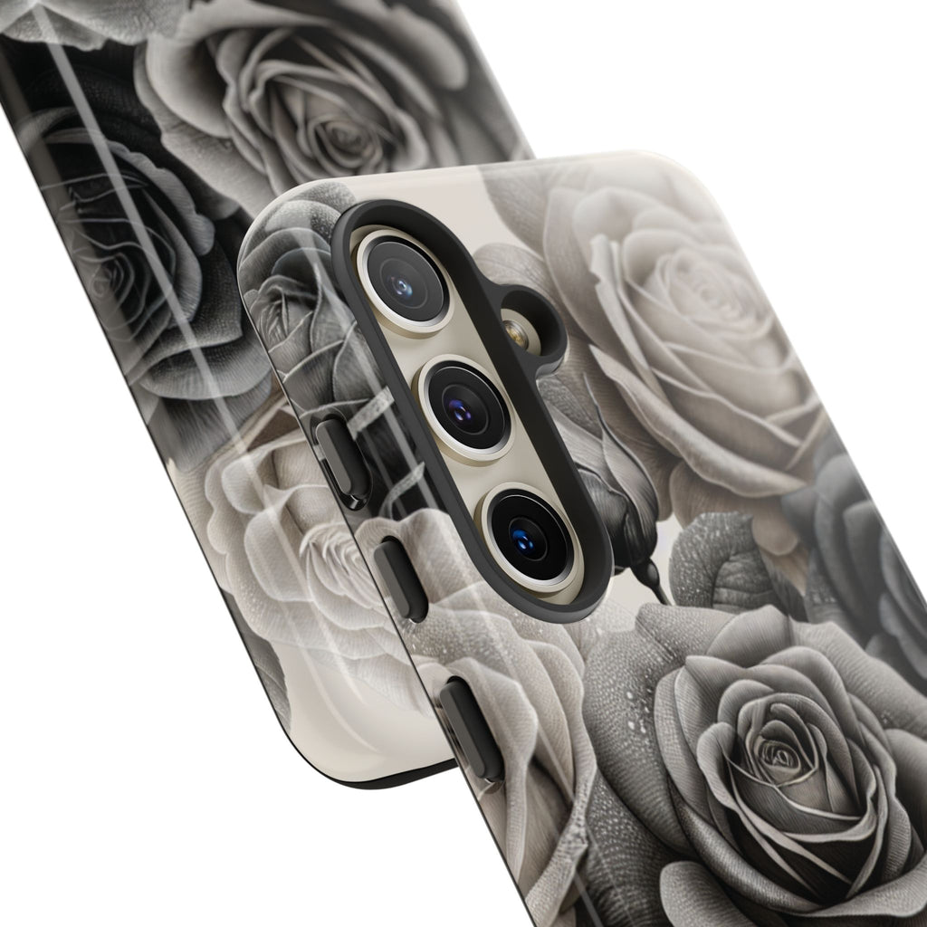 Elegant Floral Phone Case | Tough Cases with Black and White Roses | Stylish Gift for Her, Samsung Case, Vintage Design