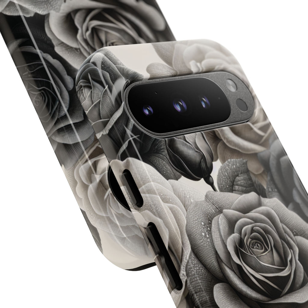 Elegant Floral Phone Case | Tough Cases with Black and White Roses | Stylish Gift for Her, Google Pixel Case, Vintage Design