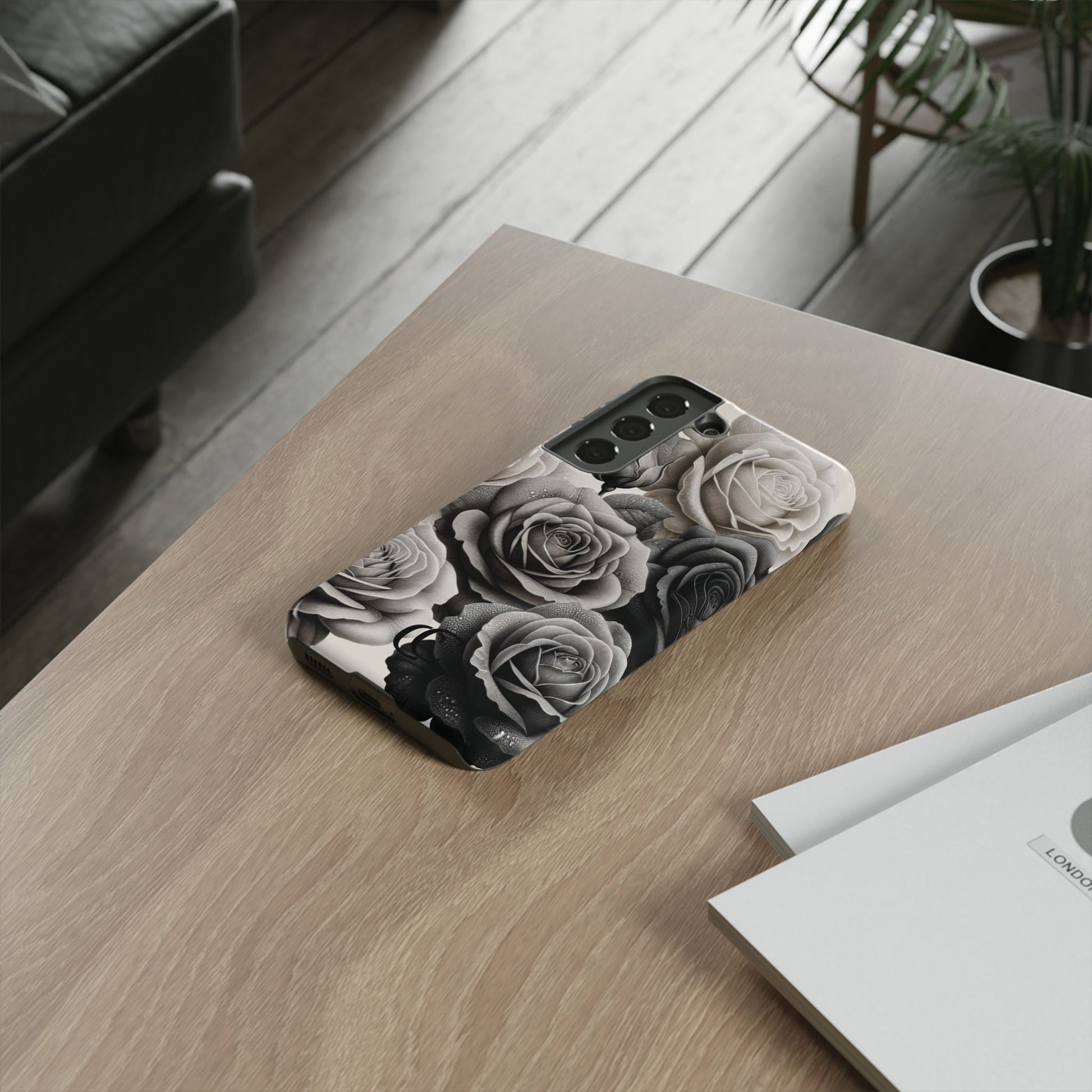 Elegant Floral Phone Case | Tough Cases with Black and White Roses | Stylish Gift for Her, Samsung Case, Vintage Design