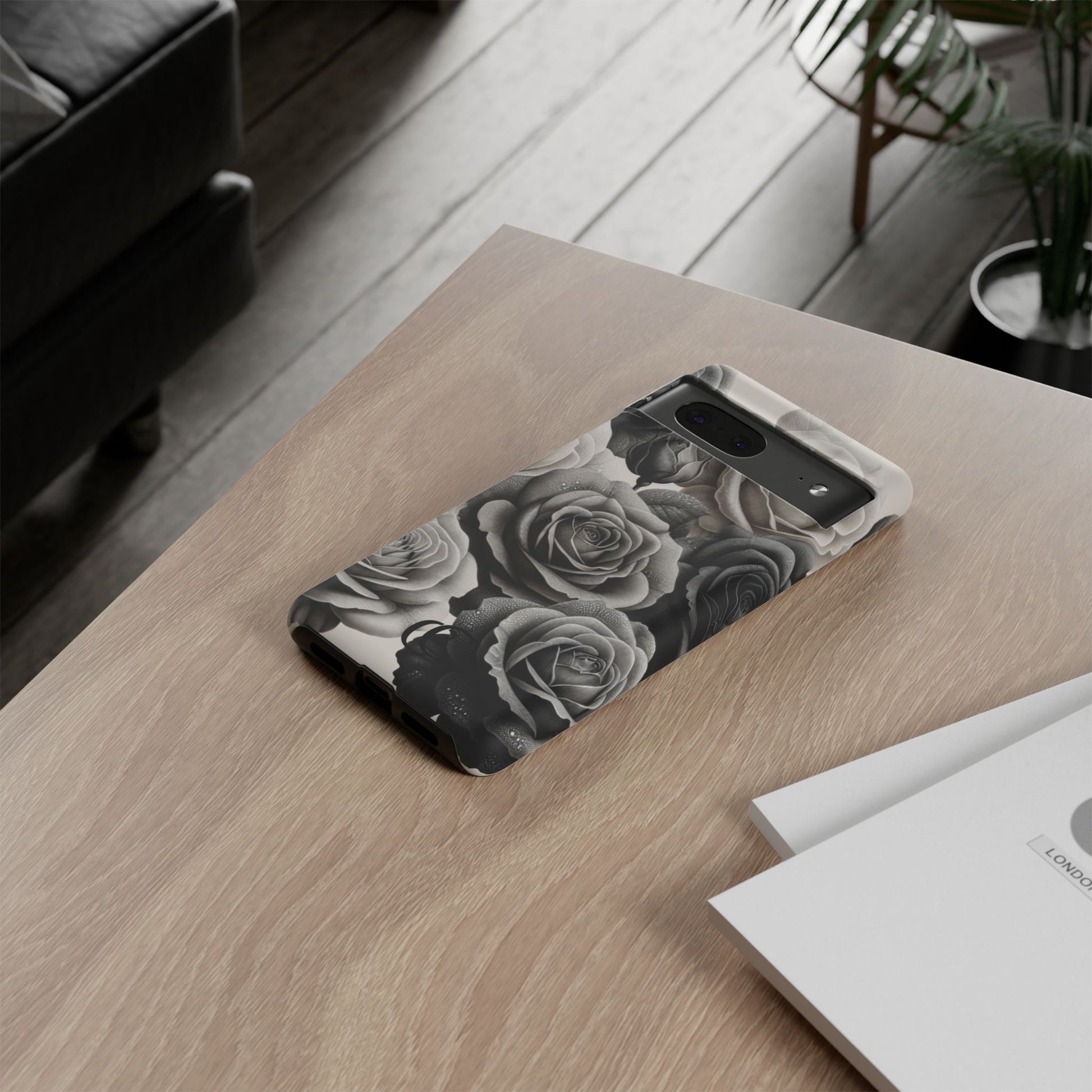 Elegant Floral Phone Case | Tough Cases with Black and White Roses | Stylish Gift for Her, Google Pixel Case, Vintage Design