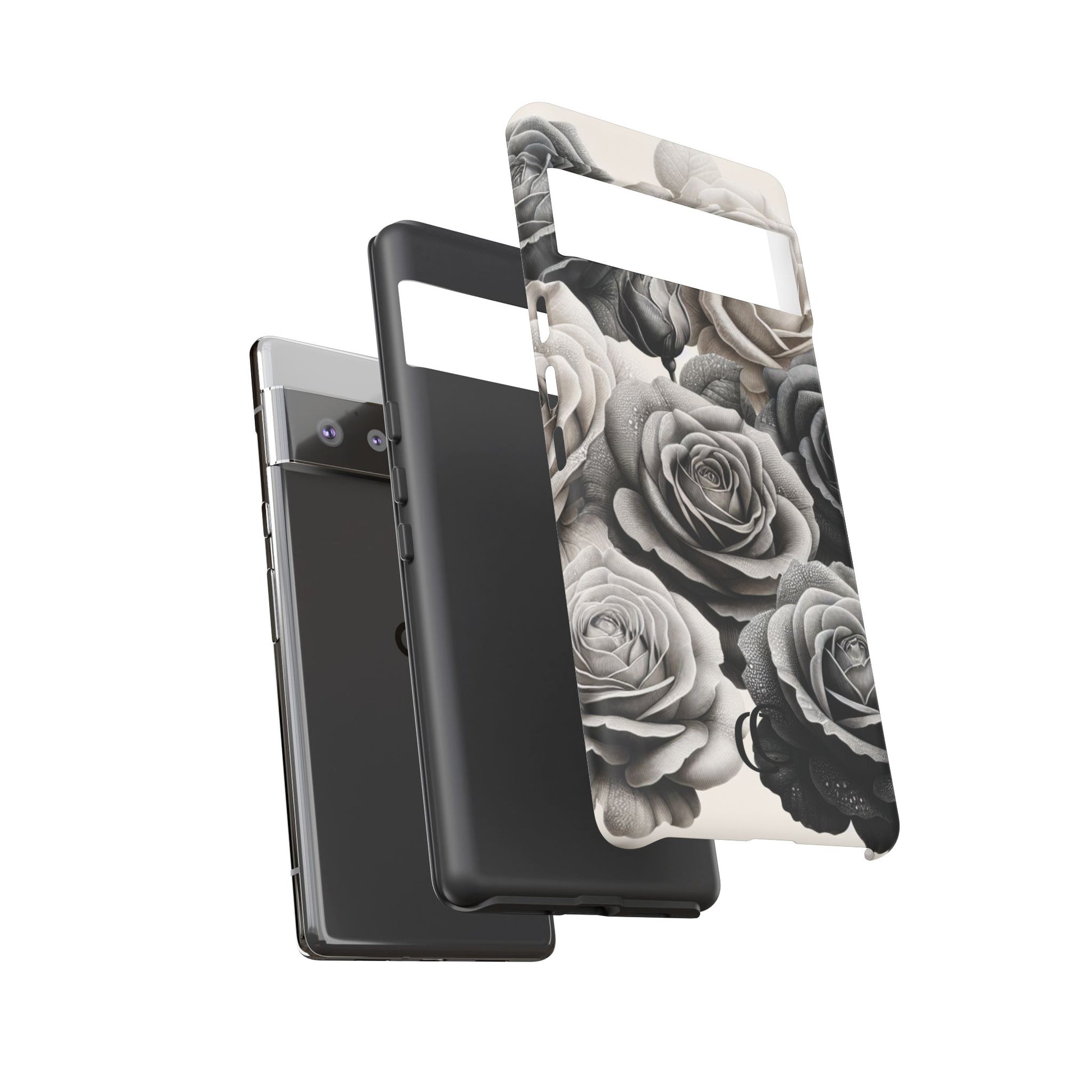 Elegant Floral Phone Case | Tough Cases with Black and White Roses | Stylish Gift for Her, Google Pixel Case, Vintage Design