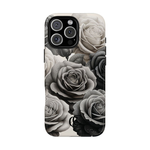 Elegant Floral Phone Case | Tough Cases with Black and White Roses | Stylish Gift for Her, iPhone Cover, Vintage Design