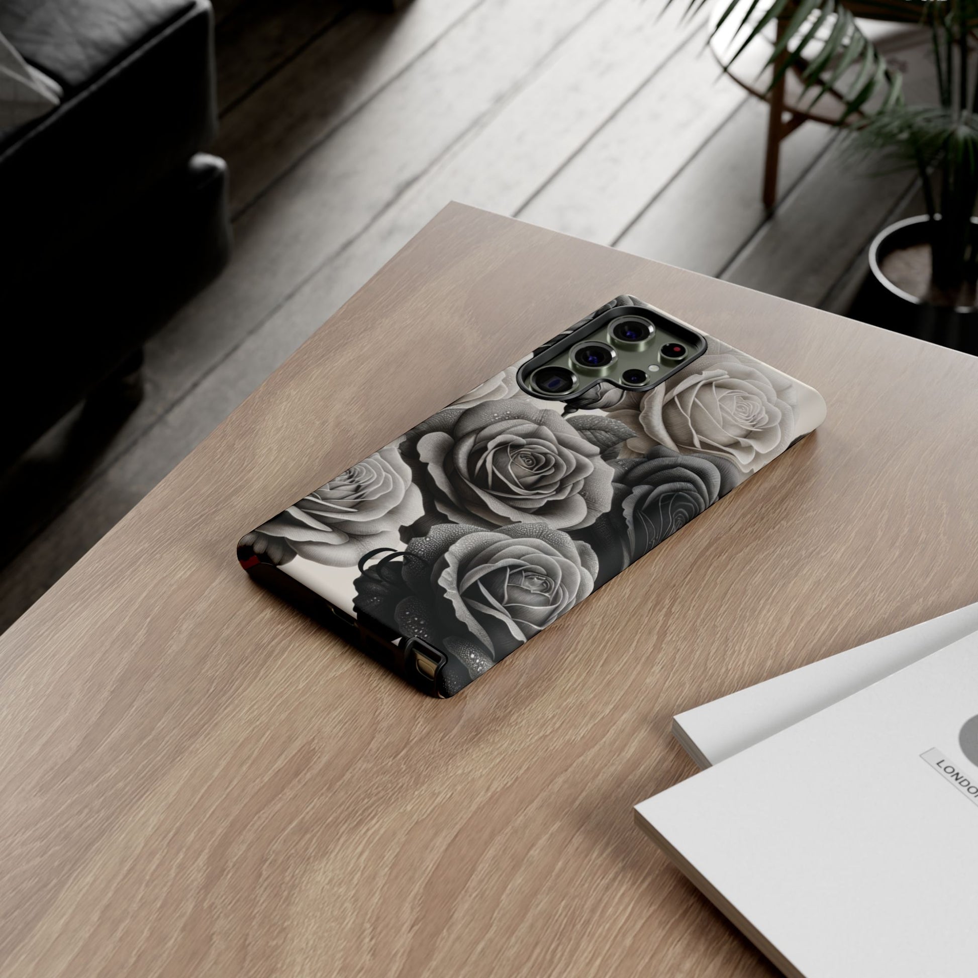 Elegant Floral Phone Case | Tough Cases with Black and White Roses | Stylish Gift for Her, Samsung Case, Vintage Design