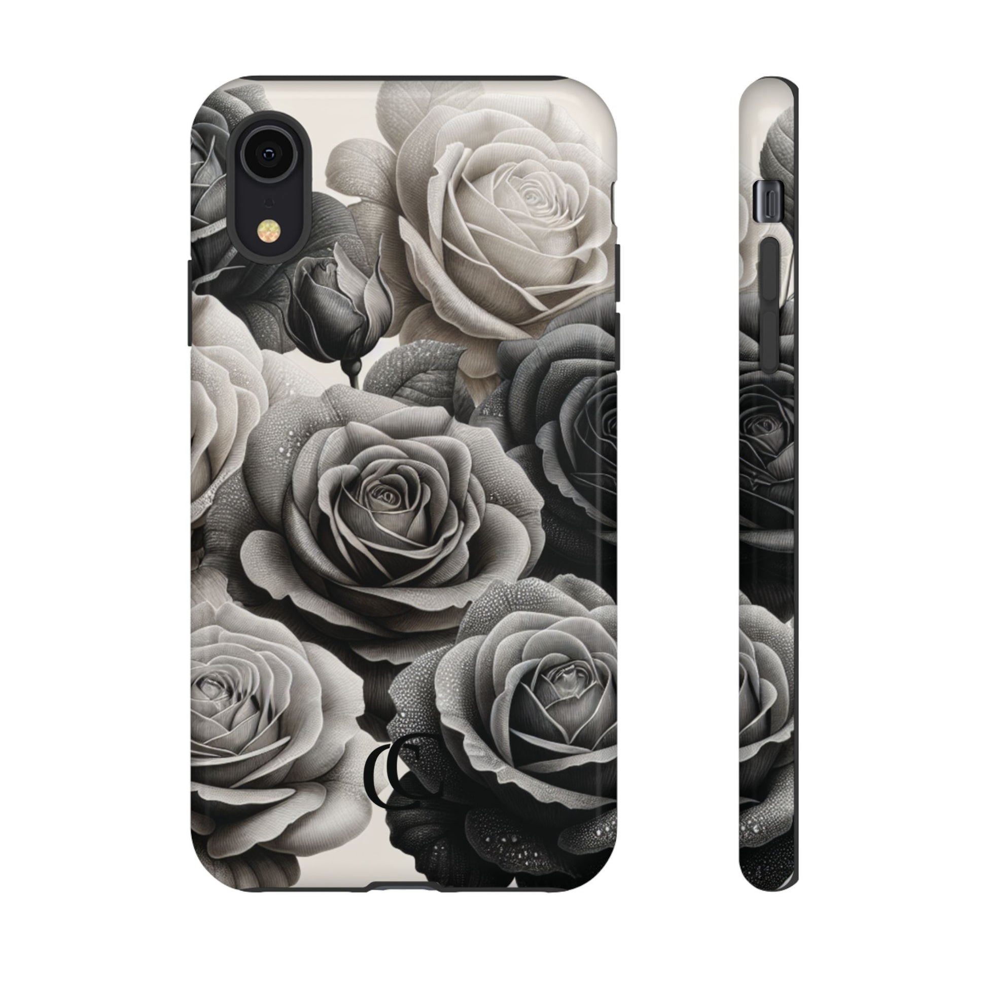 Elegant Floral Phone Case | Tough Cases with Black and White Roses | Stylish Gift for Her, iPhone Cover, Vintage Design