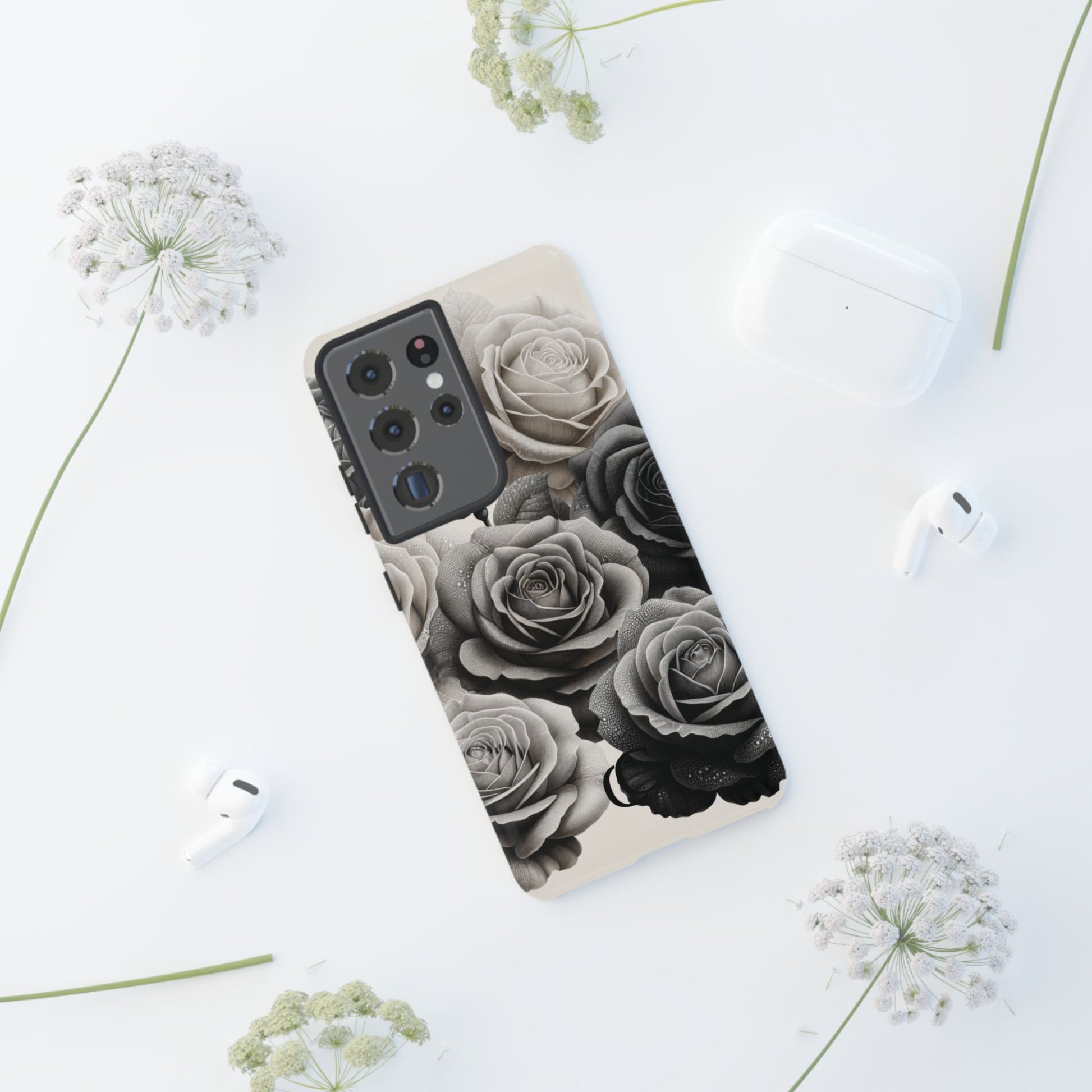 Elegant Floral Phone Case | Tough Cases with Black and White Roses | Stylish Gift for Her, Samsung Case, Vintage Design