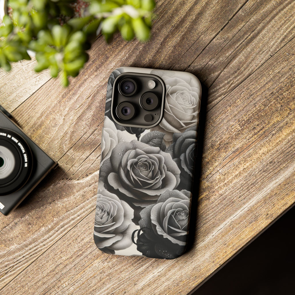 Elegant Floral Phone Case | Tough Cases with Black and White Roses | Stylish Gift for Her, iPhone Cover, Vintage Design
