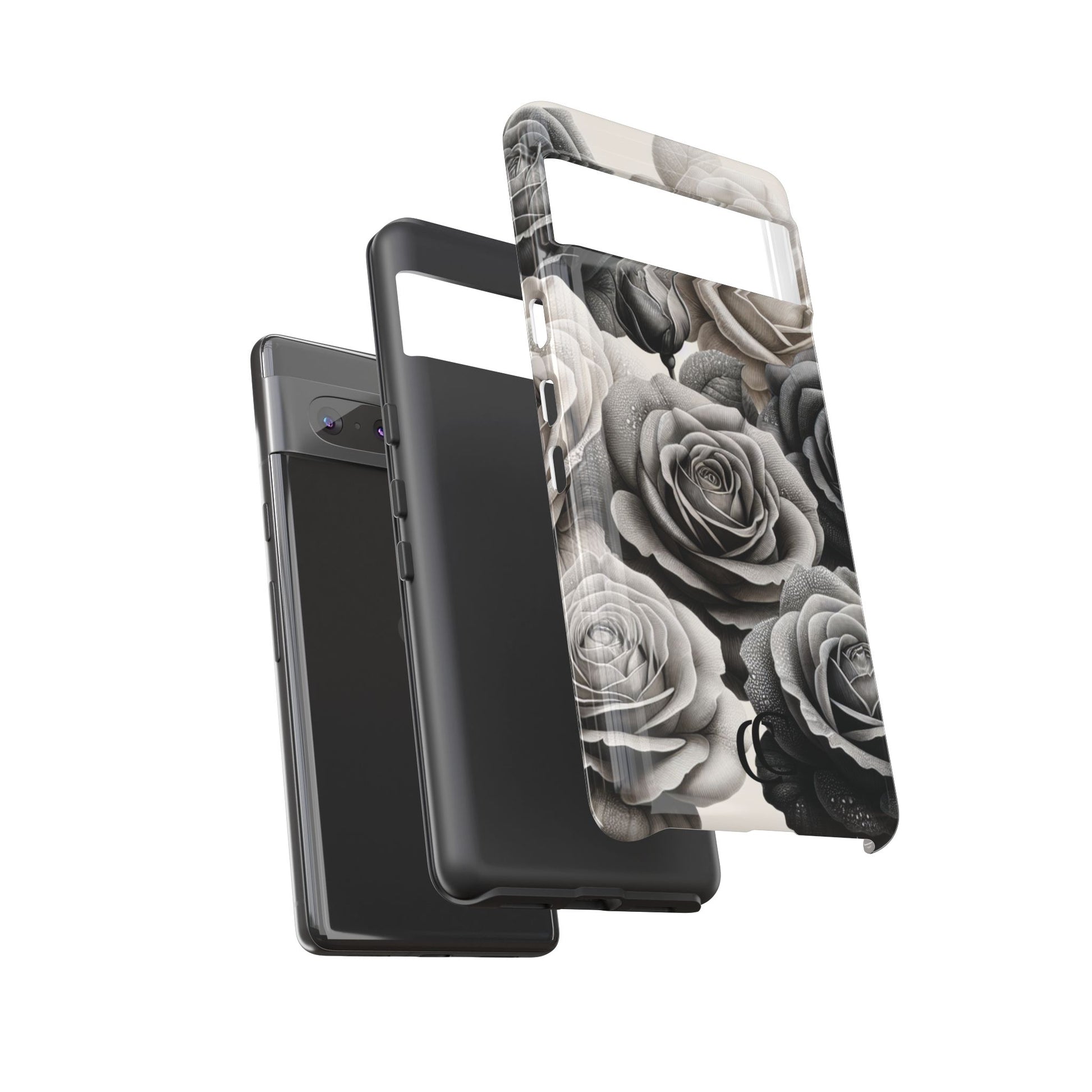 Elegant Floral Phone Case | Tough Cases with Black and White Roses | Stylish Gift for Her, Google Pixel Case, Vintage Design