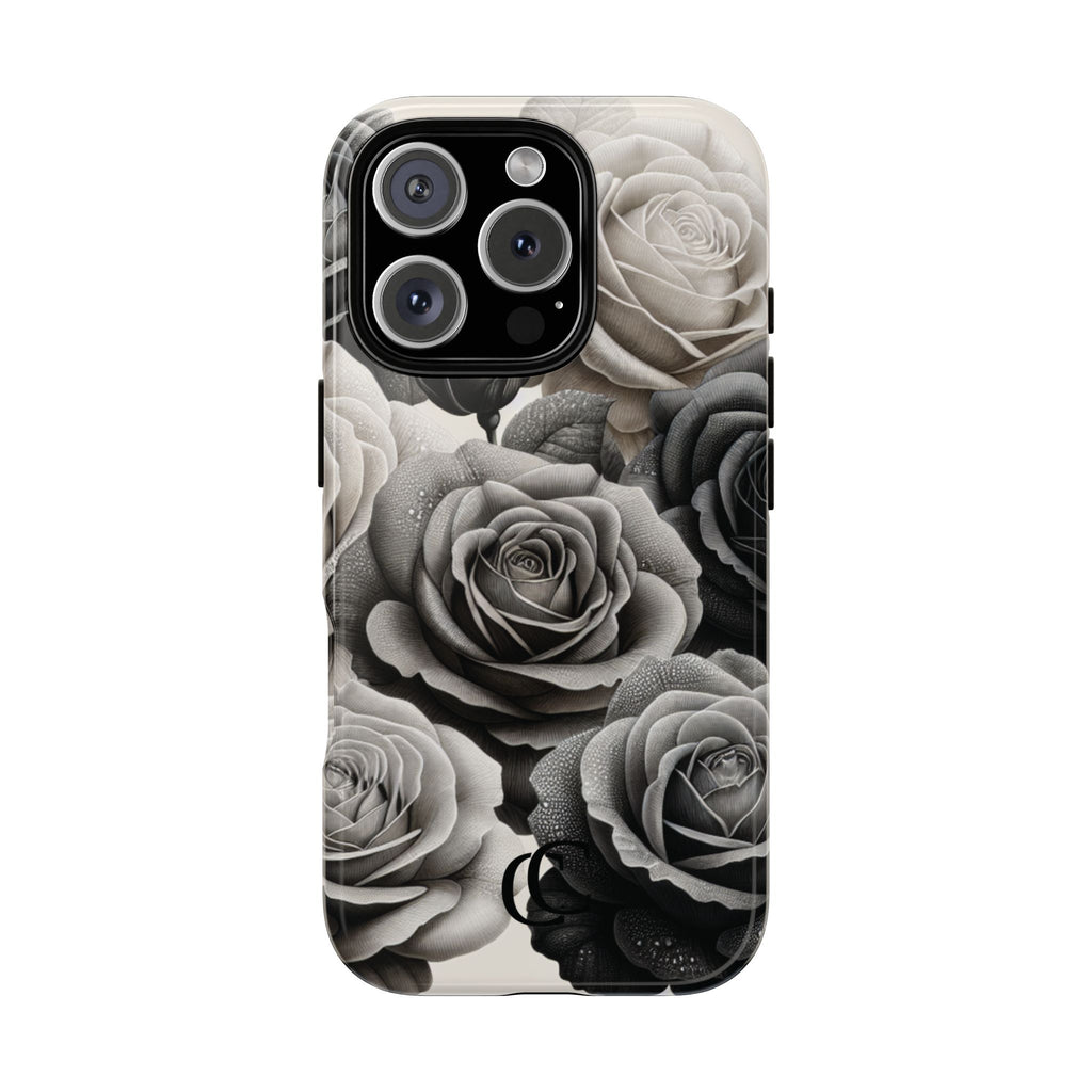 Elegant Floral Phone Case | Tough Cases with Black and White Roses | Stylish Gift for Her, iPhone Cover, Vintage Design