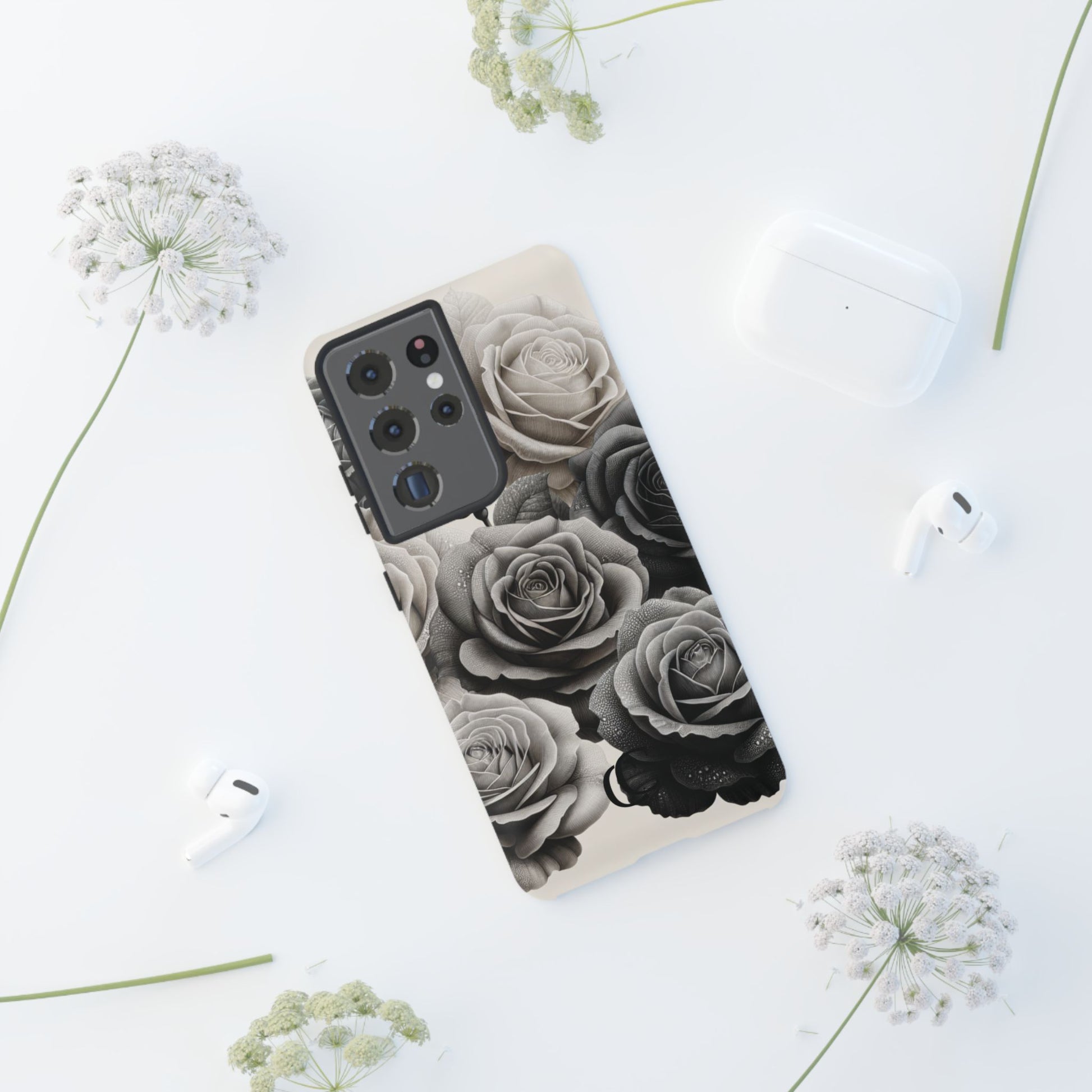 Elegant Floral Phone Case | Tough Cases with Black and White Roses | Stylish Gift for Her, Samsung Case, Vintage Design
