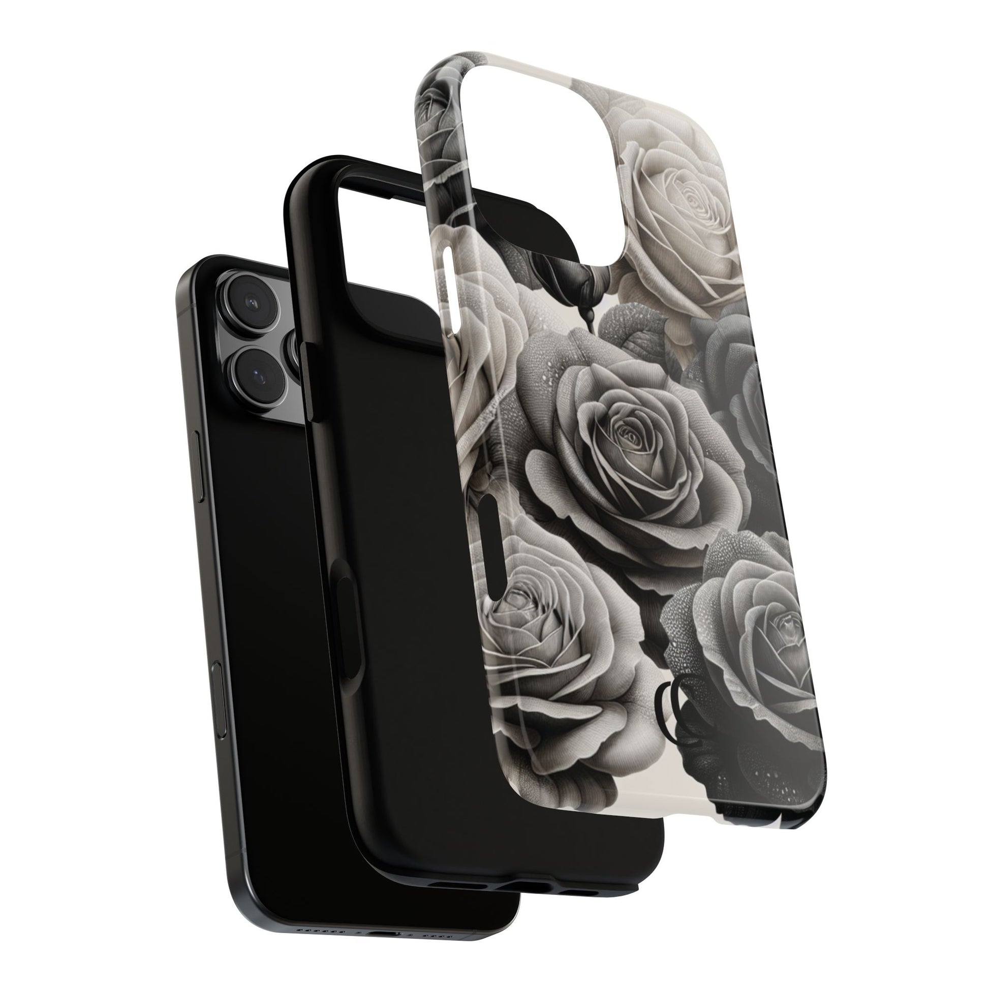 Elegant Floral Phone Case | Tough Cases with Black and White Roses | Stylish Gift for Her, iPhone Cover, Vintage Design