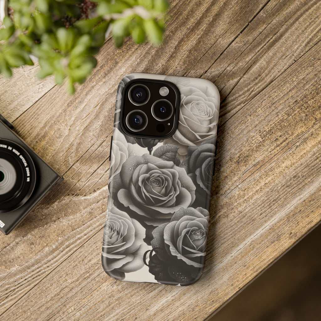 Elegant Floral Phone Case | Tough Cases with Black and White Roses | Stylish Gift for Her, iPhone Cover, Vintage Design