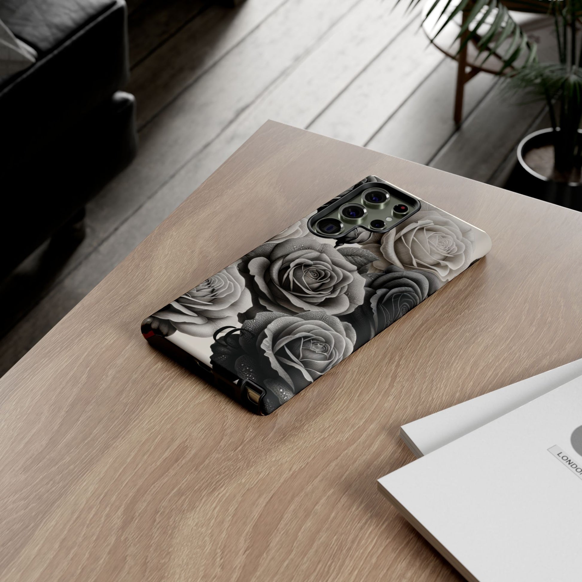 Elegant Floral Phone Case | Tough Cases with Black and White Roses | Stylish Gift for Her, Samsung Case, Vintage Design
