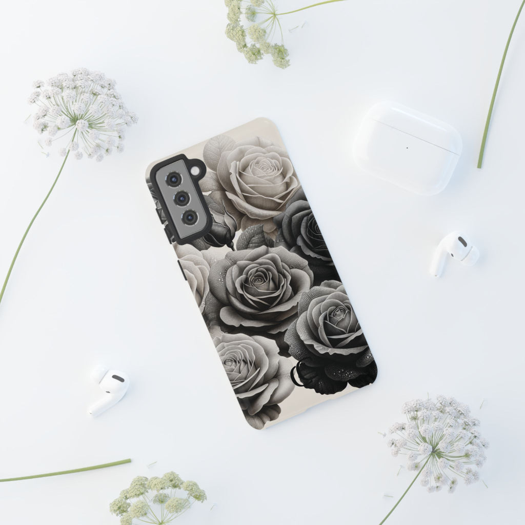 Elegant Floral Phone Case | Tough Cases with Black and White Roses | Stylish Gift for Her, Samsung Case, Vintage Design