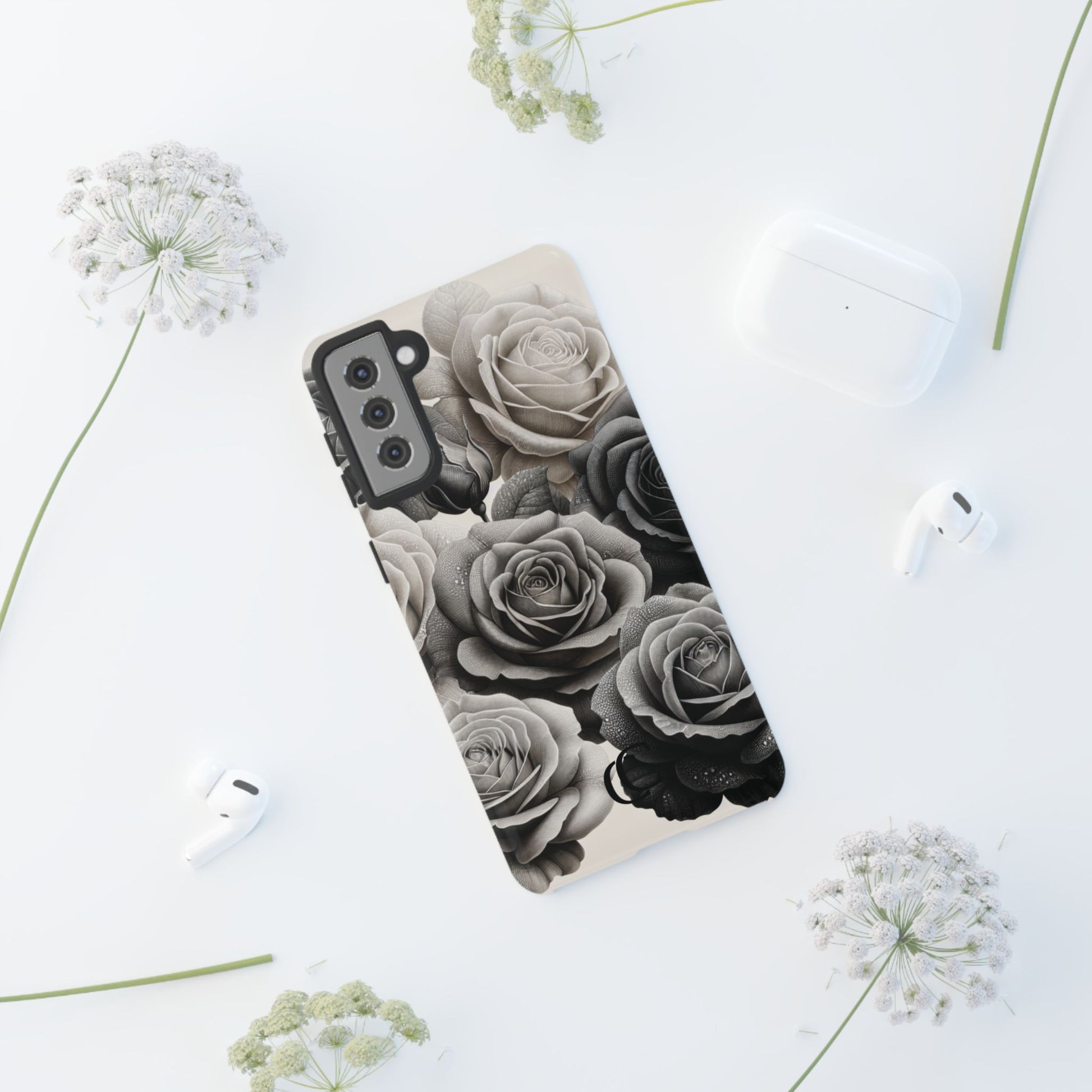 Elegant Floral Phone Case | Tough Cases with Black and White Roses | Stylish Gift for Her, Samsung Case, Vintage Design