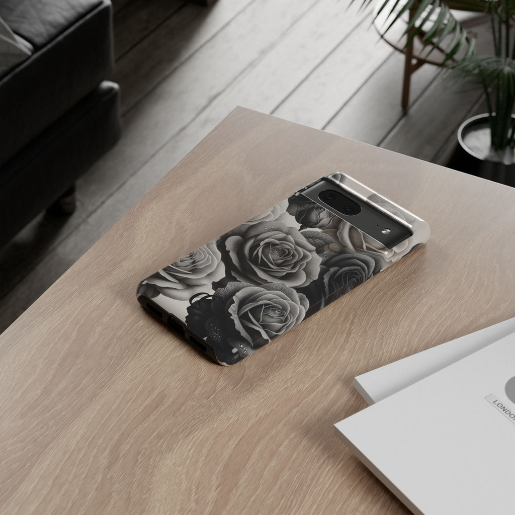 Elegant Floral Phone Case | Tough Cases with Black and White Roses | Stylish Gift for Her, Google Pixel Case, Vintage Design