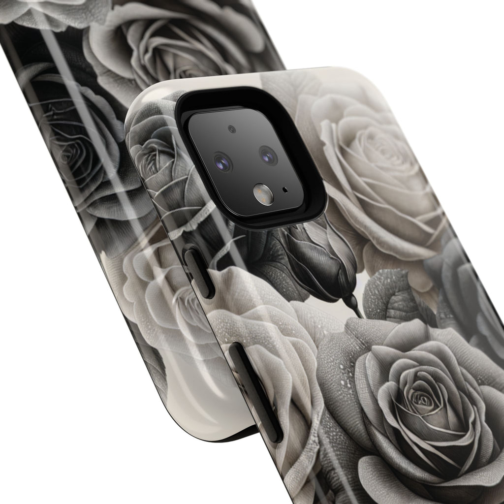 Elegant Floral Phone Case | Tough Cases with Black and White Roses | Stylish Gift for Her, Google Pixel Case, Vintage Design