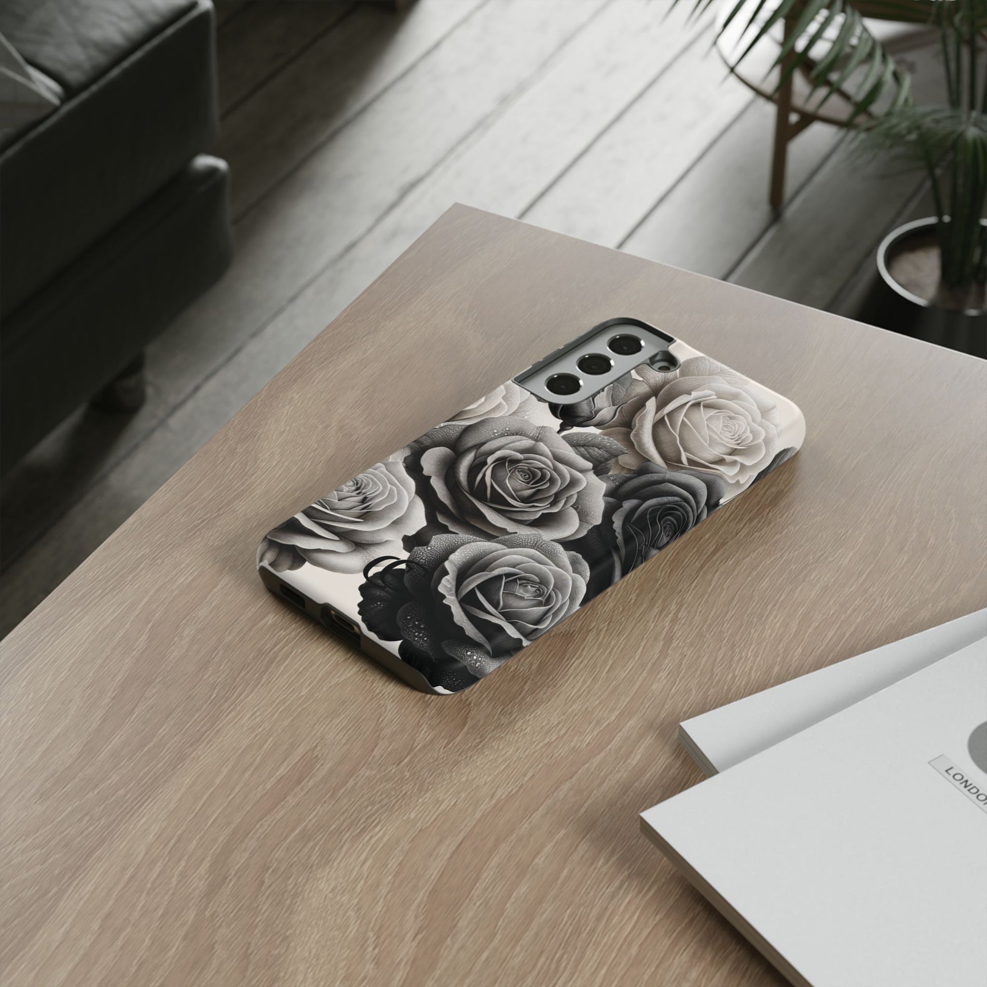 Elegant Floral Phone Case | Tough Cases with Black and White Roses | Stylish Gift for Her, Samsung Case, Vintage Design