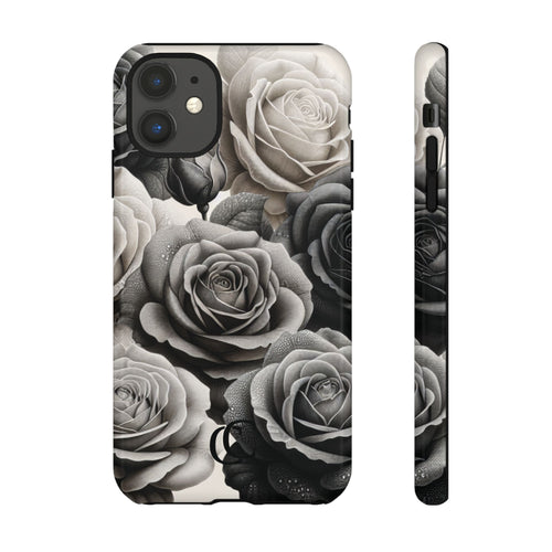 Elegant Floral Phone Case | Tough Cases with Black and White Roses | Stylish Gift for Her, iPhone Cover, Vintage Design
