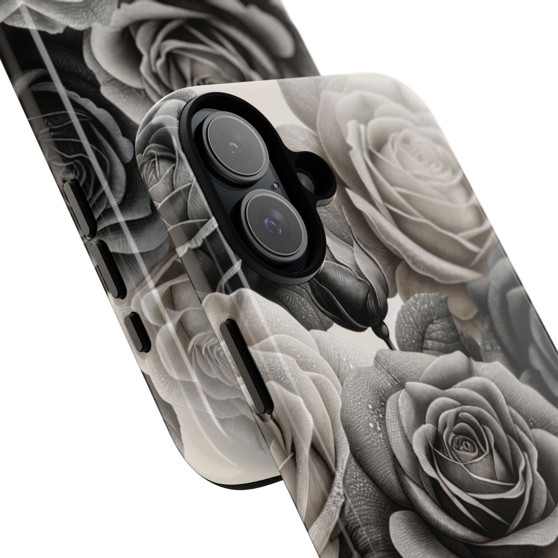 Elegant Floral Phone Case | Tough Cases with Black and White Roses | Stylish Gift for Her, iPhone Cover, Vintage Design