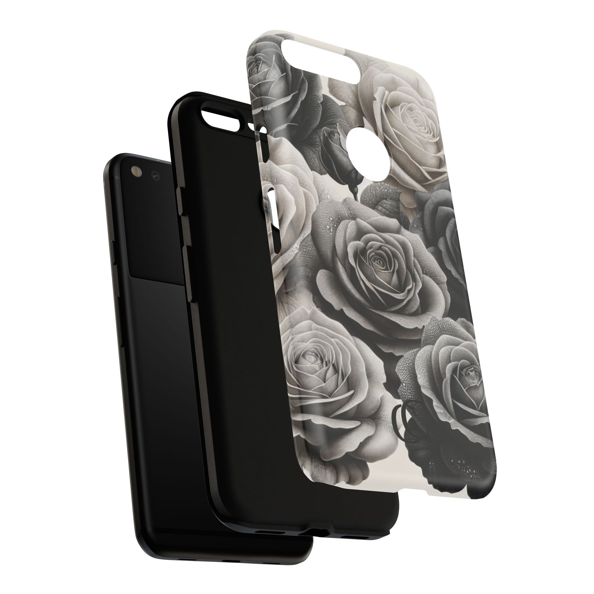 Elegant Floral Phone Case | Tough Cases with Black and White Roses | Stylish Gift for Her, Google Pixel Case, Vintage Design