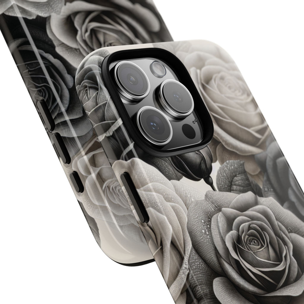 Elegant Floral Phone Case | Tough Cases with Black and White Roses | Stylish Gift for Her, iPhone Cover, Vintage Design
