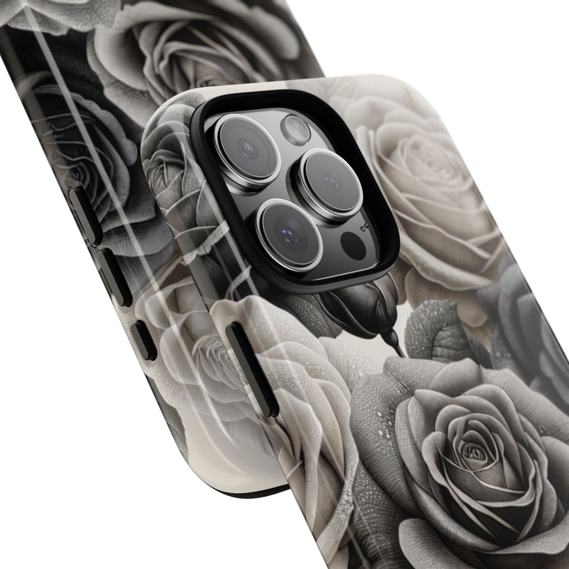 Elegant Floral Phone Case | Tough Cases with Black and White Roses | Stylish Gift for Her, iPhone Cover, Vintage Design