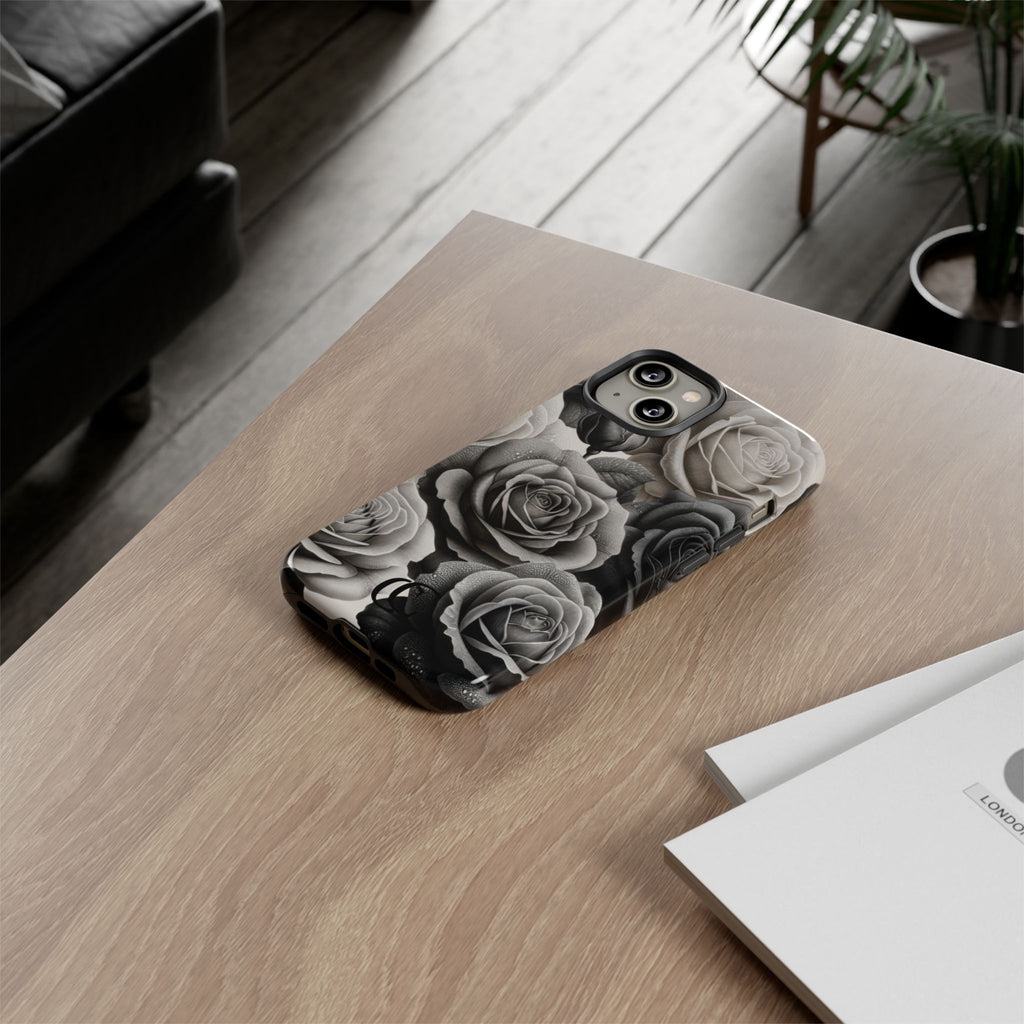 Elegant Floral Phone Case | Tough Cases with Black and White Roses | Stylish Gift for Her, iPhone Cover, Vintage Design