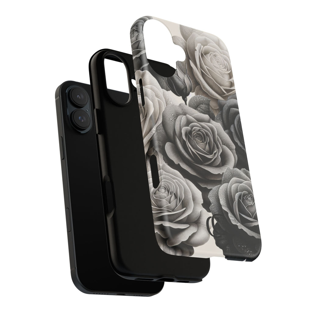 Elegant Floral Phone Case | Tough Cases with Black and White Roses | Stylish Gift for Her, iPhone Cover, Vintage Design