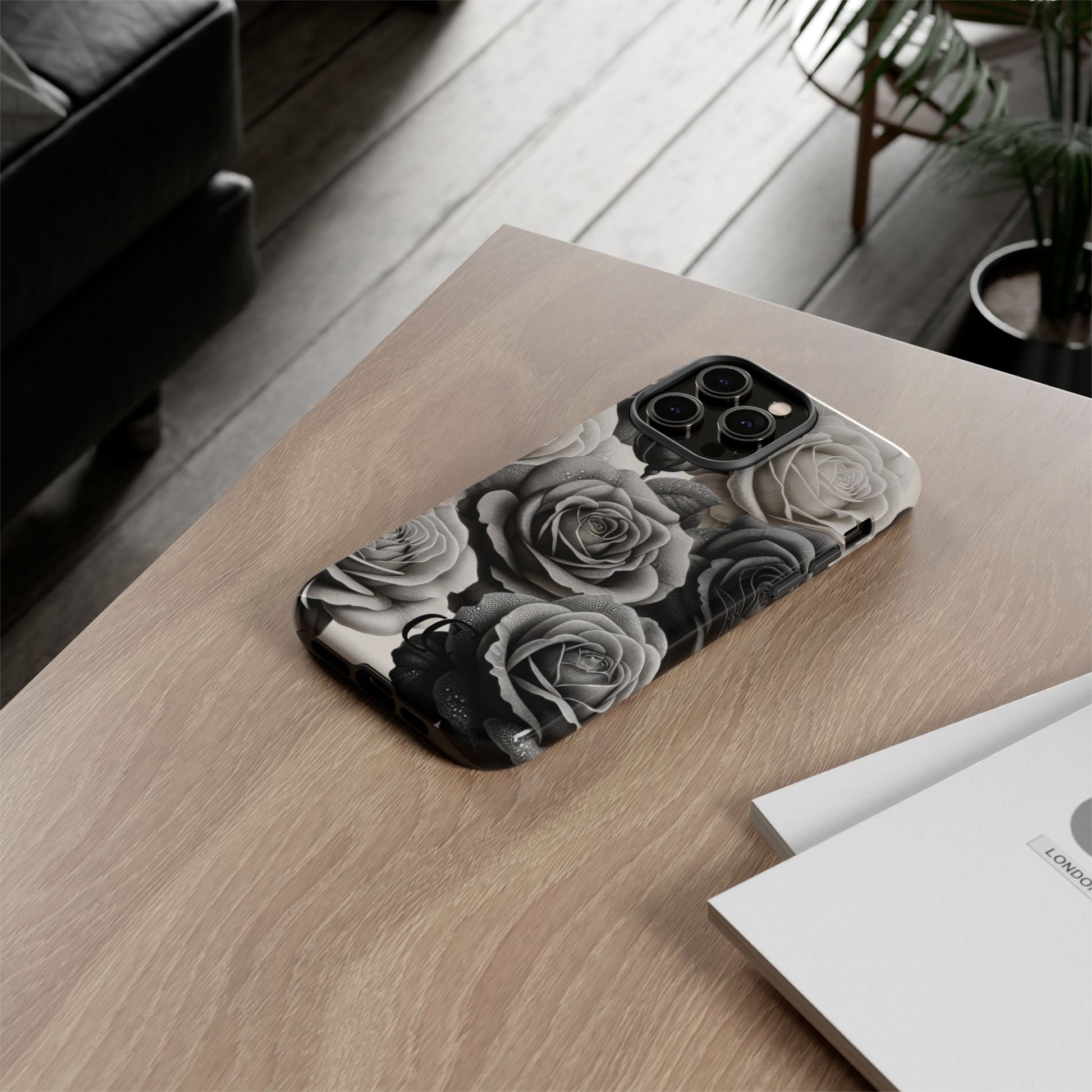 Elegant Floral Phone Case | Tough Cases with Black and White Roses | Stylish Gift for Her, iPhone Cover, Vintage Design